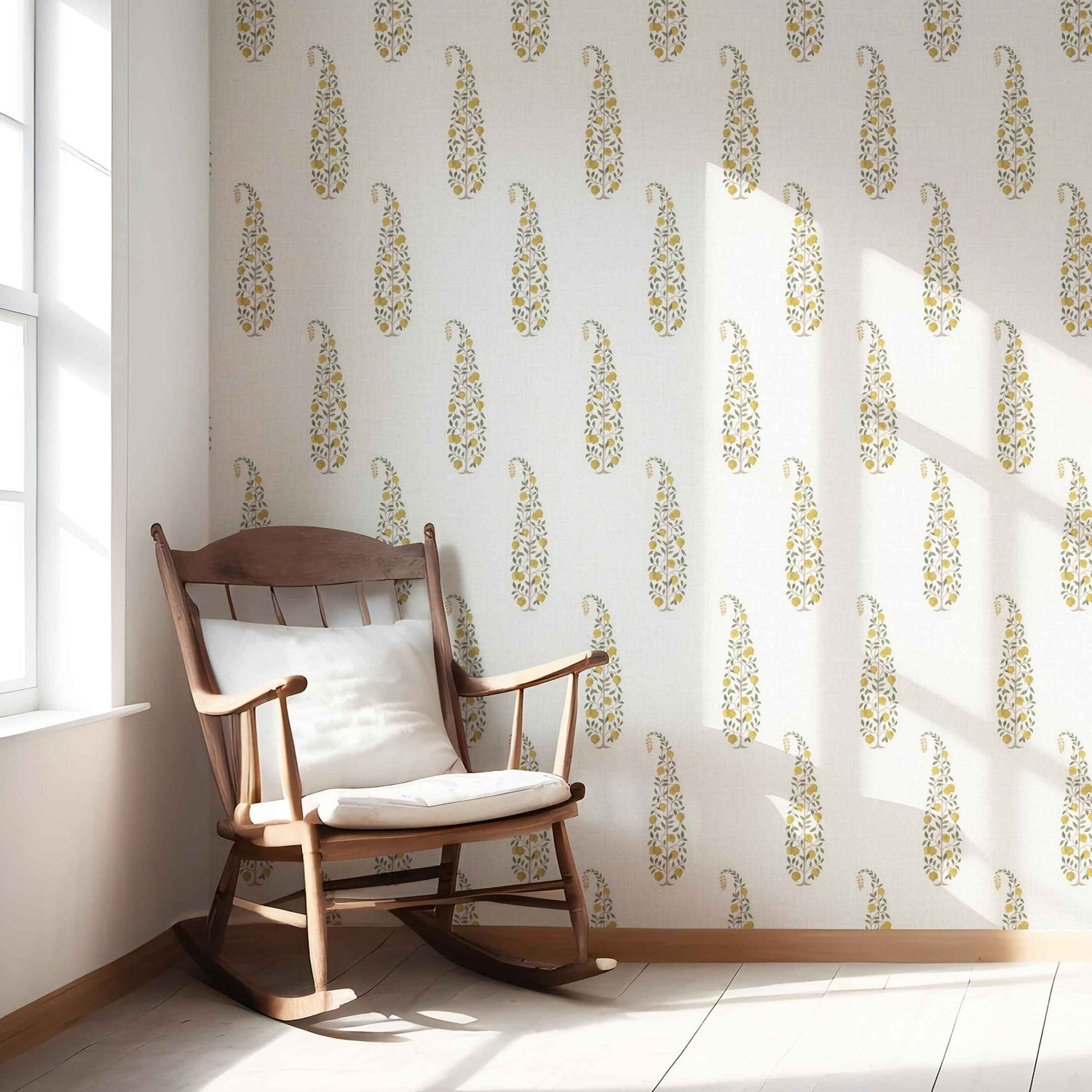 Ethnic/ Vintage-Inspired Floral Paisley Kitchen Wallpaper (Yellow/ Green/ Off-White)