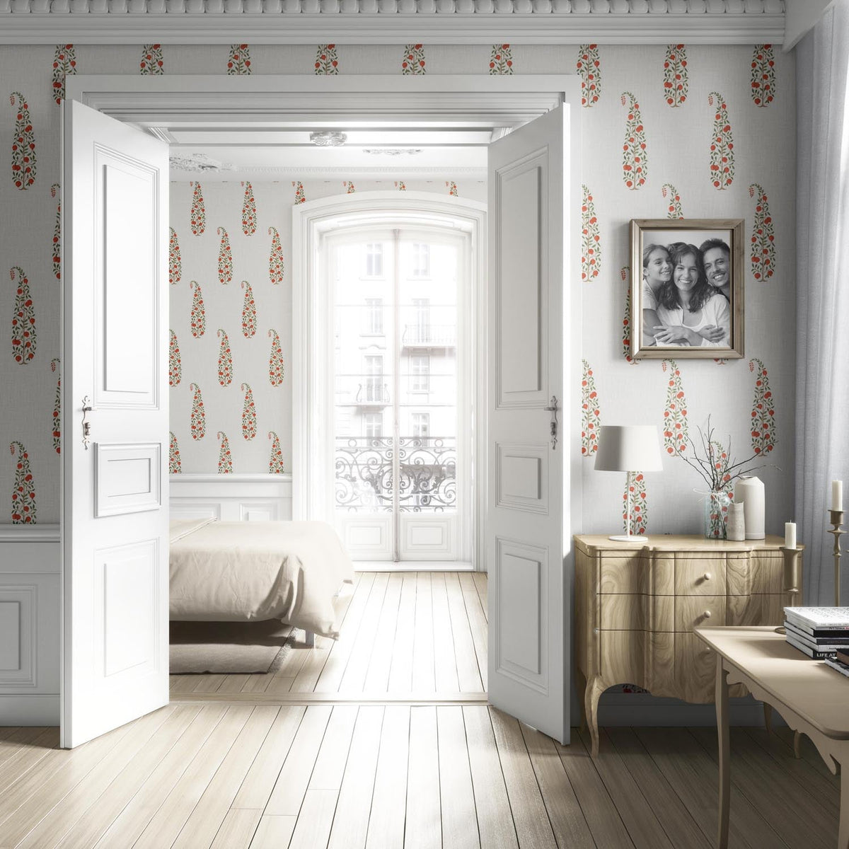 Ethnic/ Vintage-Inspired Floral Paisley Nursery Wallpaper (Red/ Green/ Off-White)