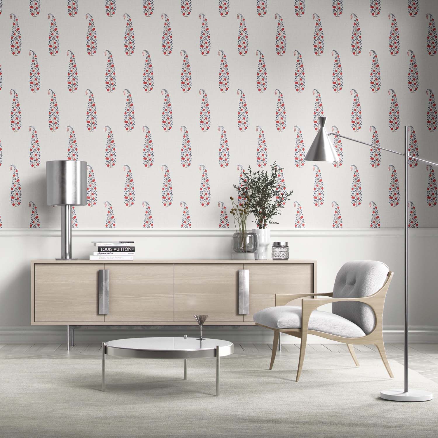 Ethnic/ Vintage-Inspired Floral Paisley Living Room Wallpaper (Red/ Navy Blue/ Off-White)