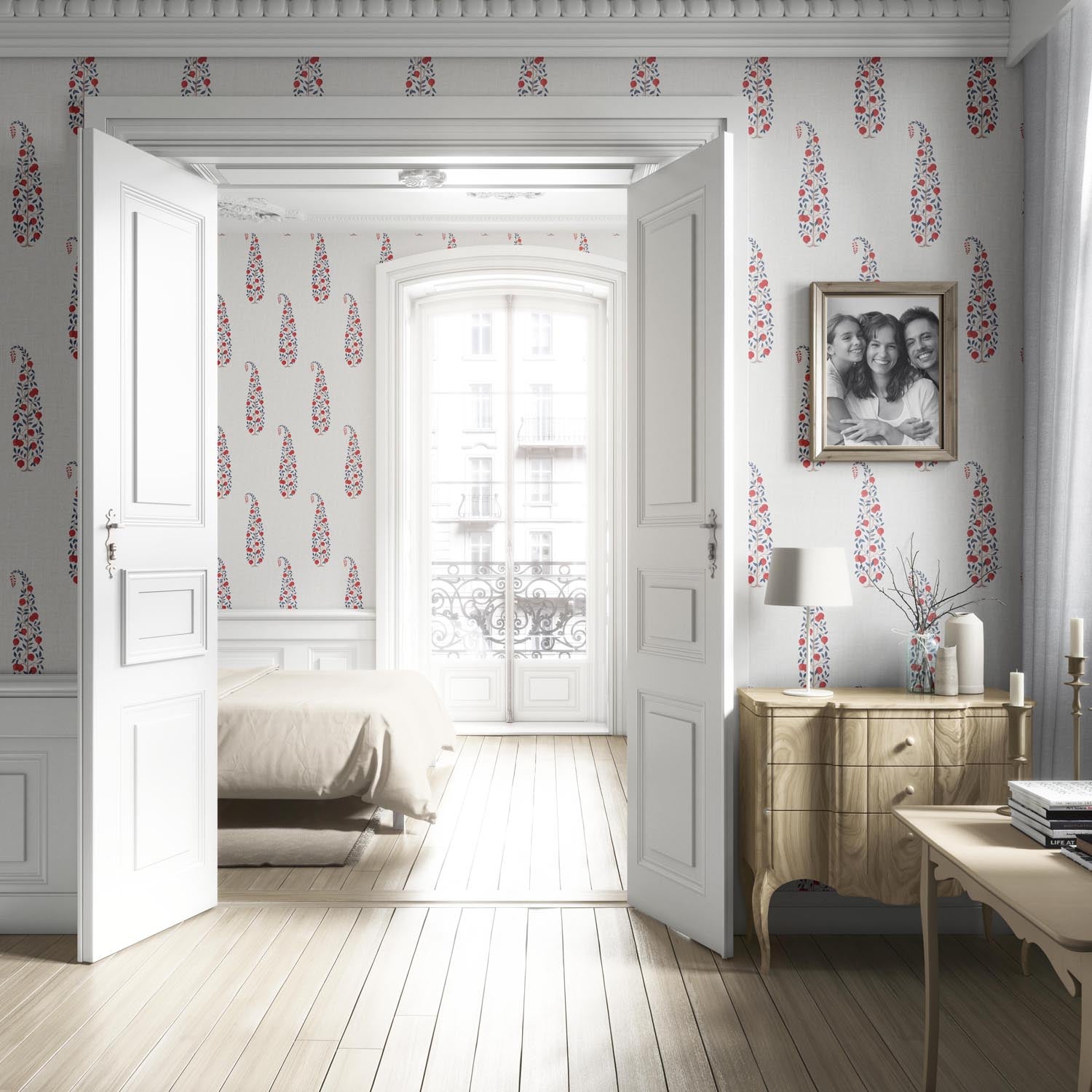 Ethnic/ Vintage-Inspired Floral Paisley Nursery Wallpaper (Red/ Navy Blue/ Off-White)
