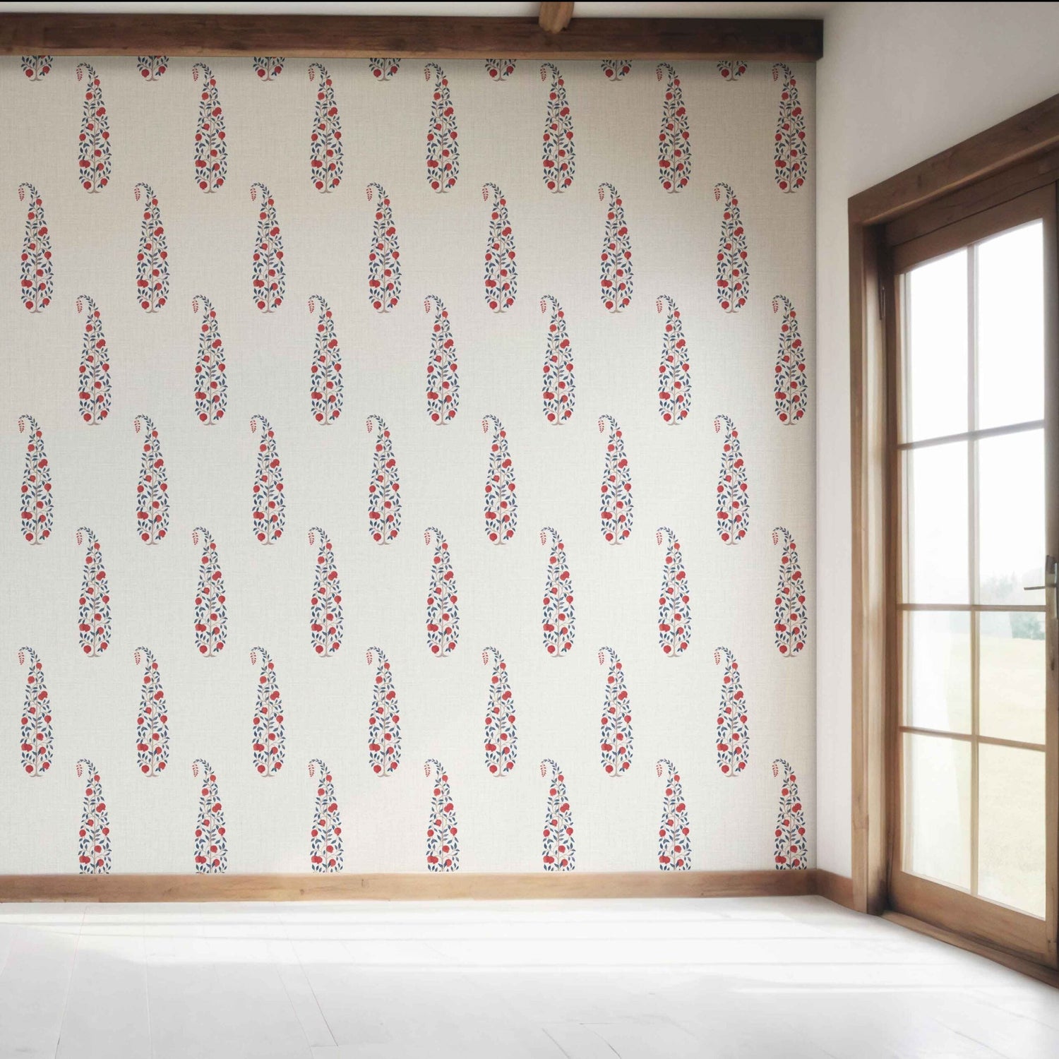 Ethnic/ Vintage-Inspired Floral Paisley Bedroom Wallpaper (Red/ Navy Blue/ Off-White)