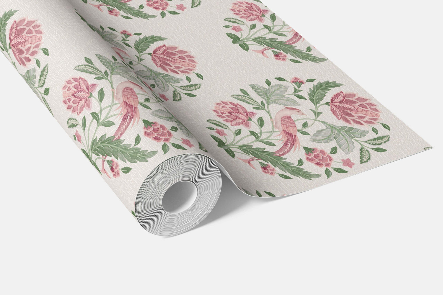 Birds/ Floral Block Print Bathroom Wallpaper (Pink/ Green)