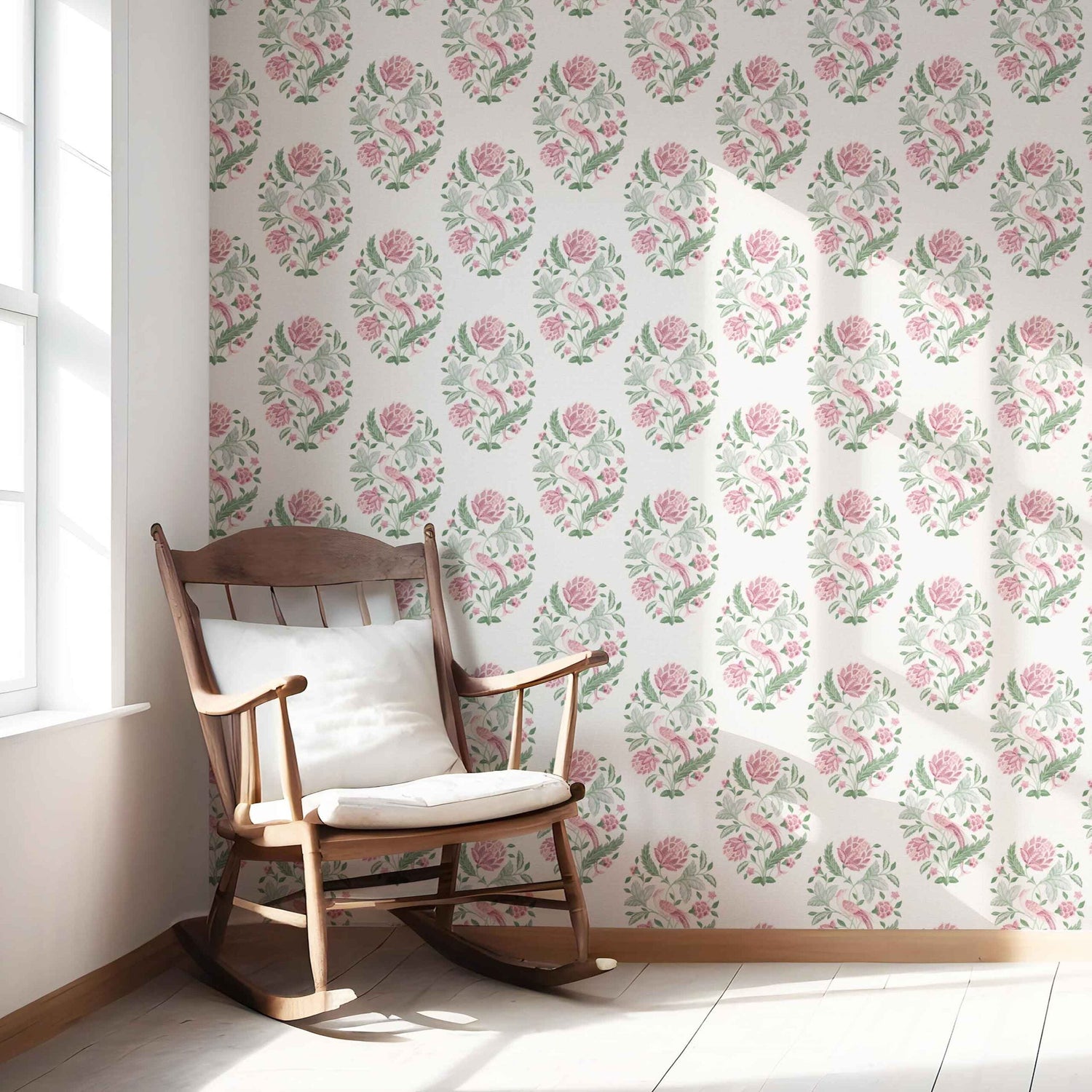 Birds/ Floral Block Print Nursery Wallpaper (Pink/ Green)
