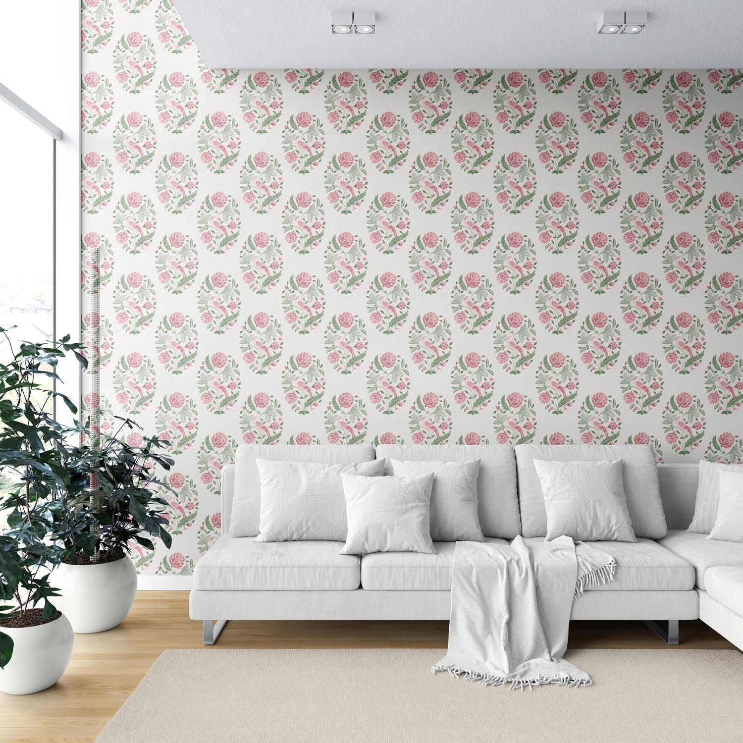 Birds/ Floral Block Print Shower Toilet Wallpaper (Pink/ Green)