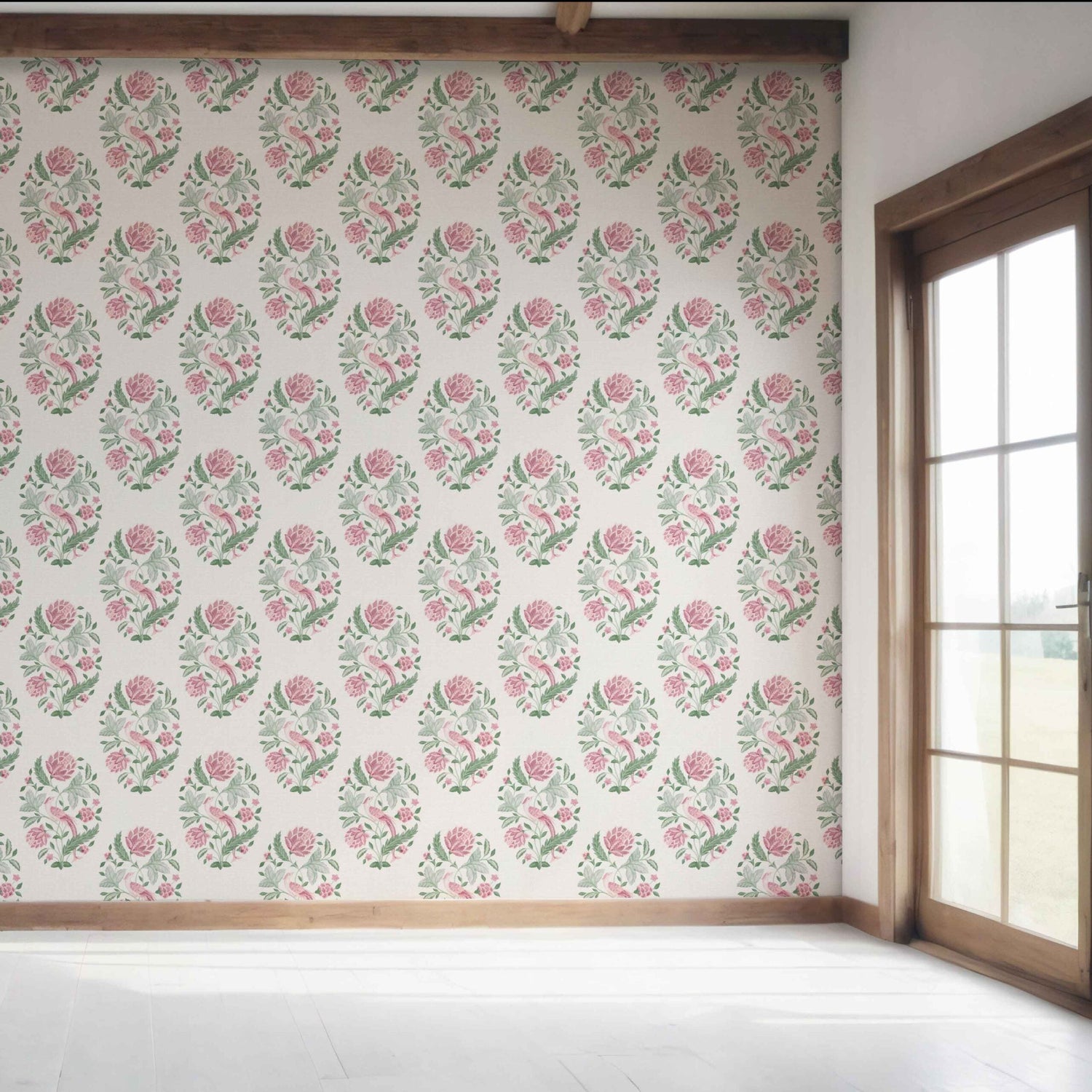 Birds/ Floral Block Print Bedroom Wallpaper (Pink/ Green)