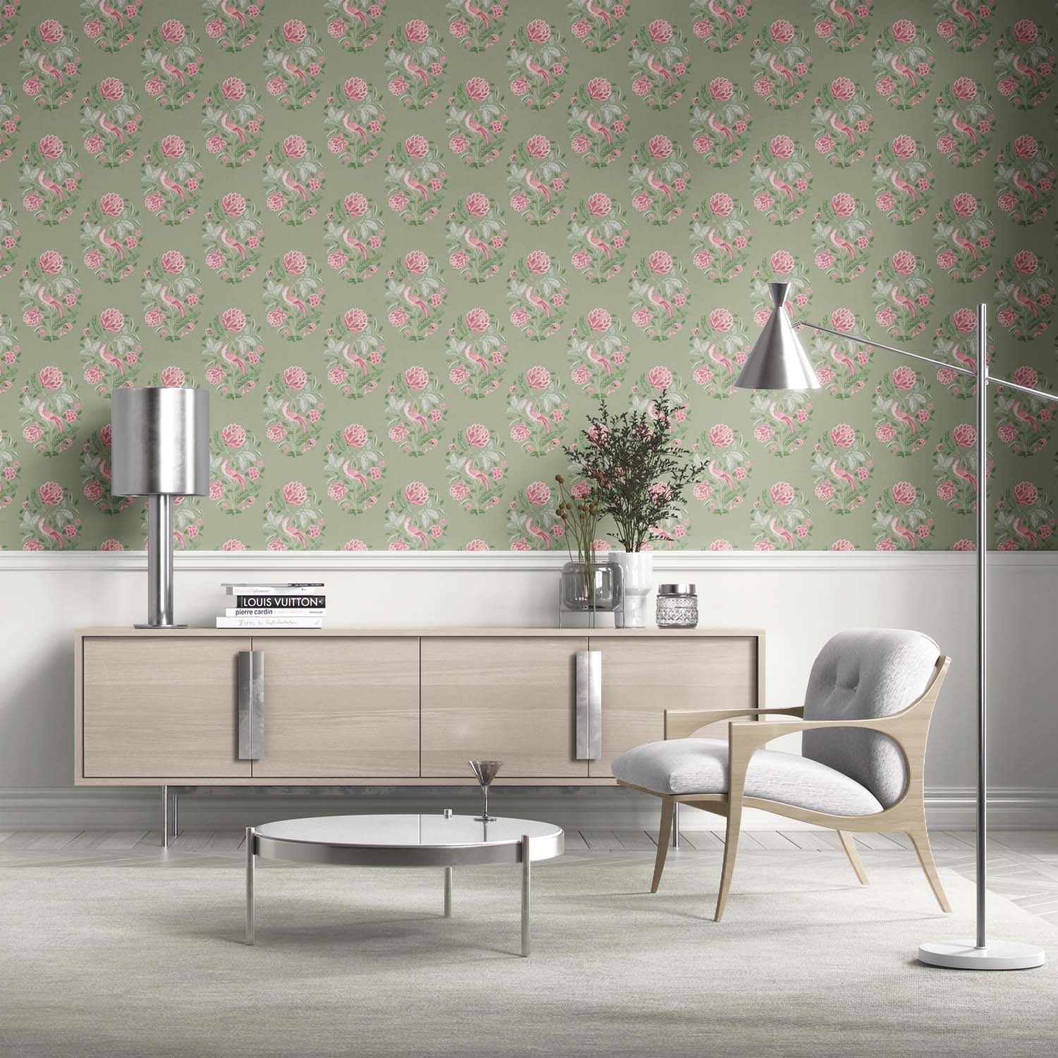 Birds/ Floral Block Print Kitchen Wallpaper (Sage Green/ Pink)