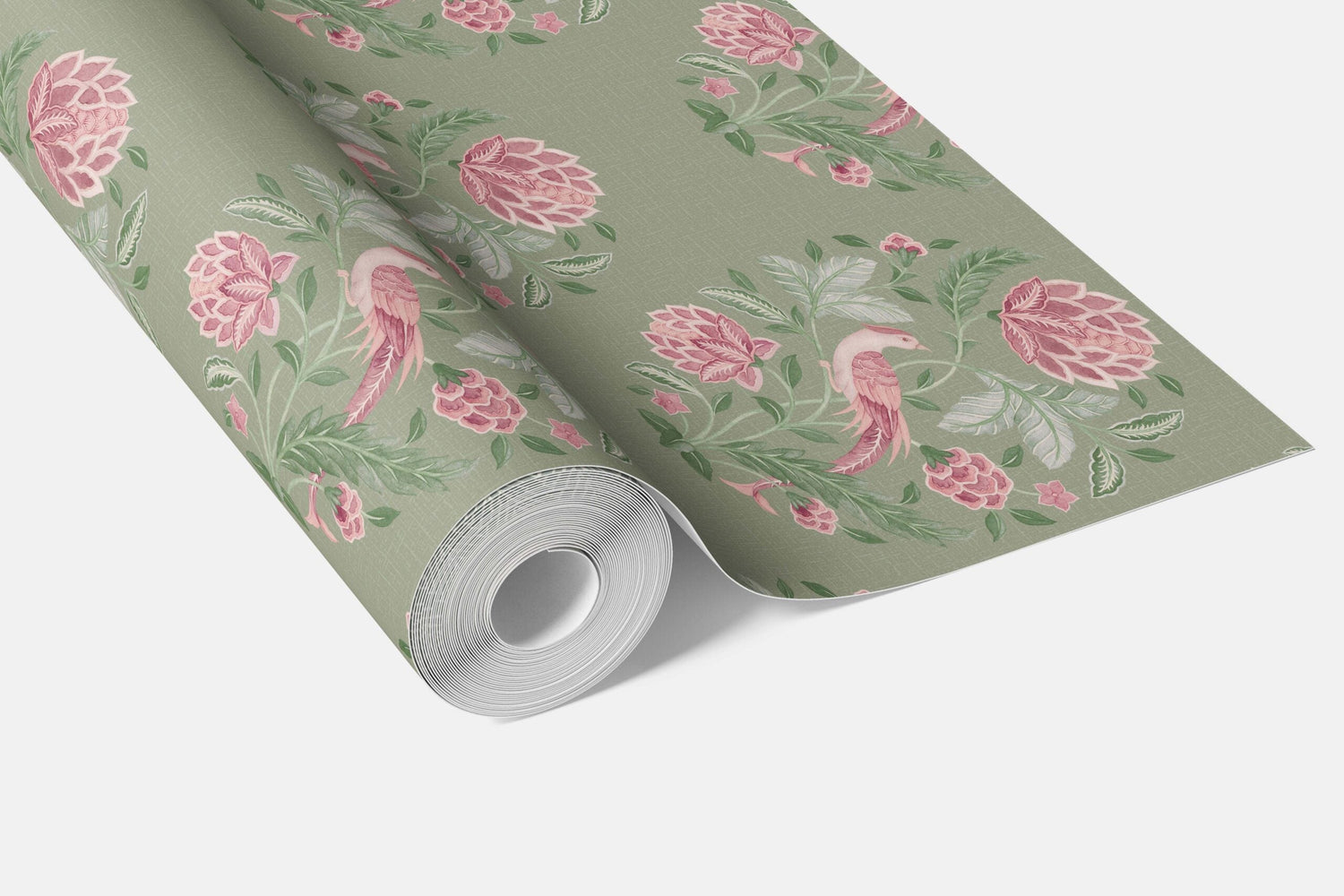 Birds/ Floral Block Print Bathroom Wallpaper (Sage Green/ Pink)