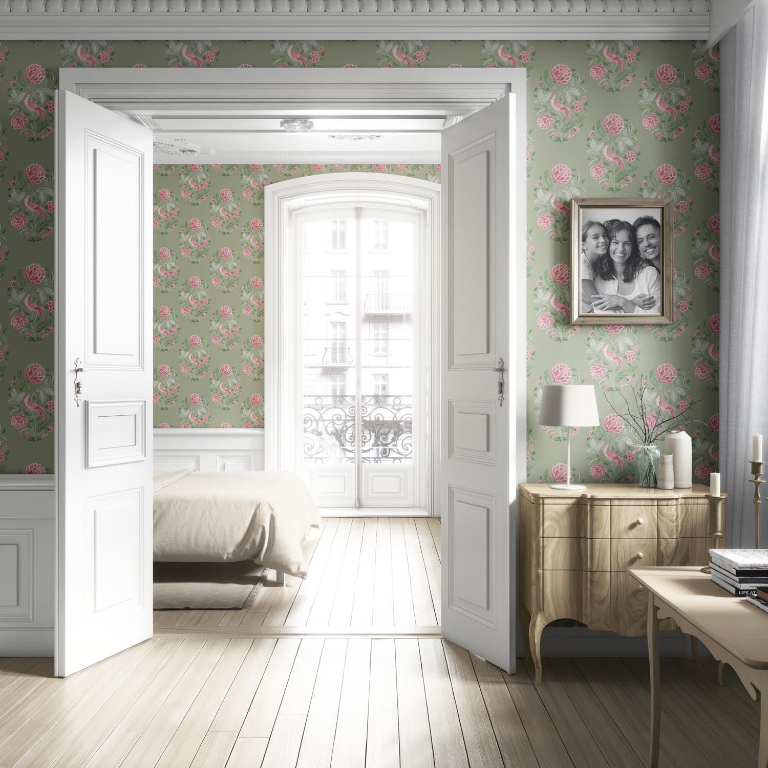 Birds/ Floral Block Print Living Room Wallpaper (Sage Green/ Pink)