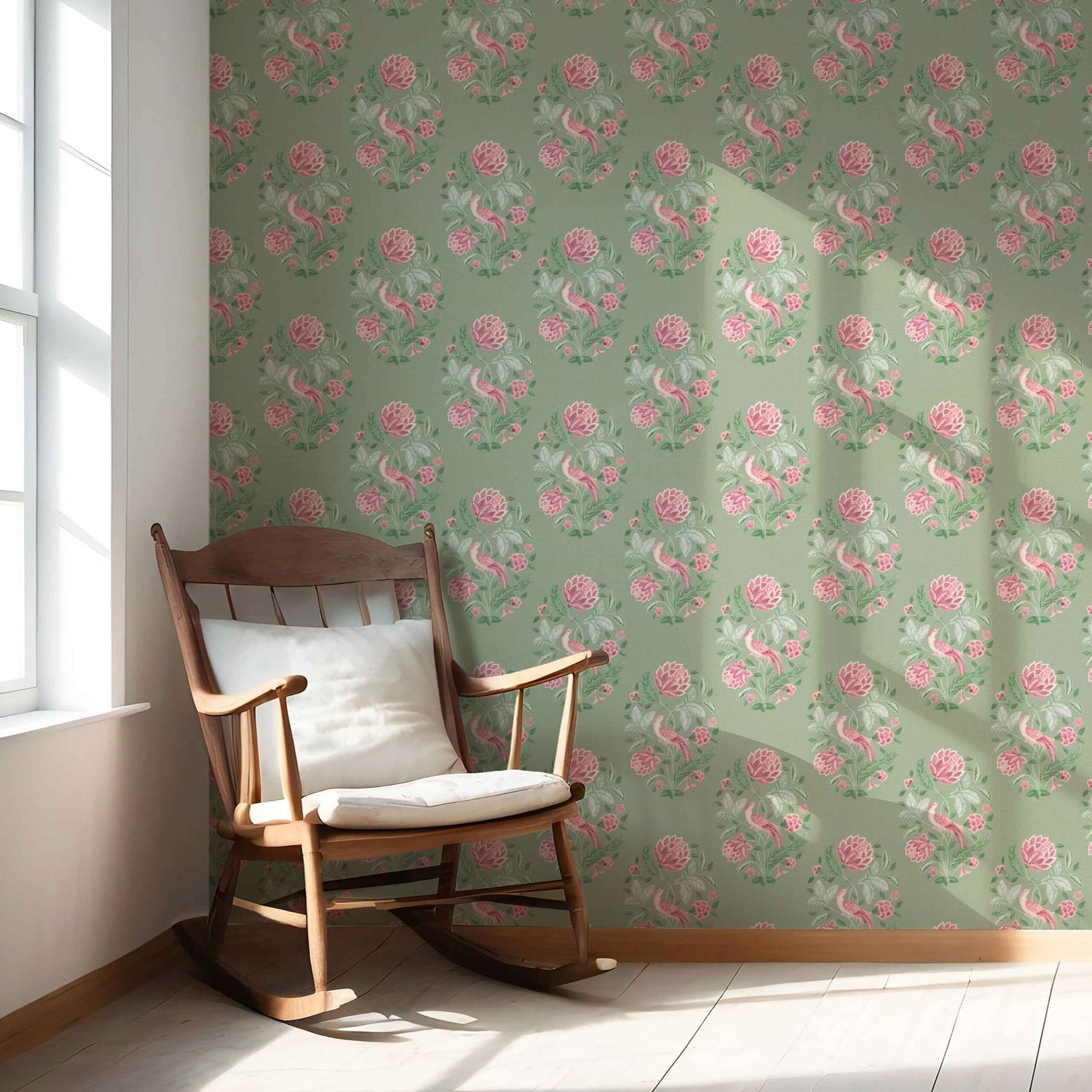 Birds/ Floral Block Print Nursery Wallpaper (Sage Green/ Pink)
