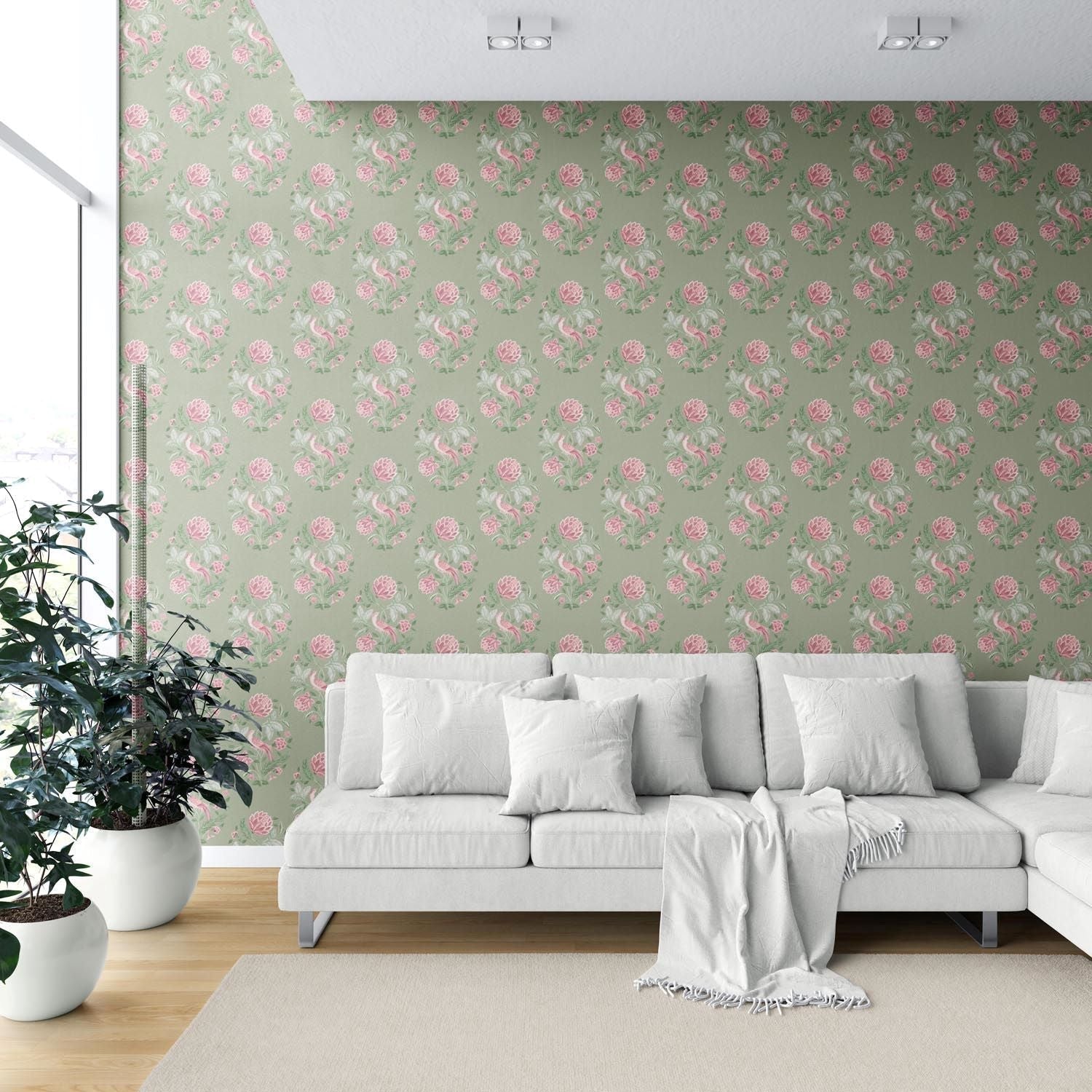 Birds/ Floral Block Print Shower Toilet Wallpaper (Sage Green/ Pink)
