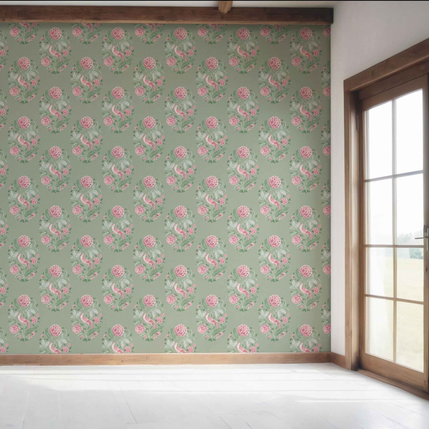 Birds/ Floral Block Print Bedroom Wallpaper (Sage Green/ Pink)