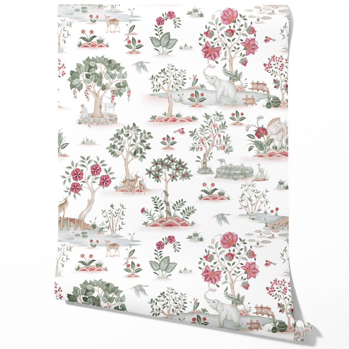 Modern Floral Botanical/ Nature Print Traditional Wallpaper (White/ Pink/ Red/ Green/ Gray)