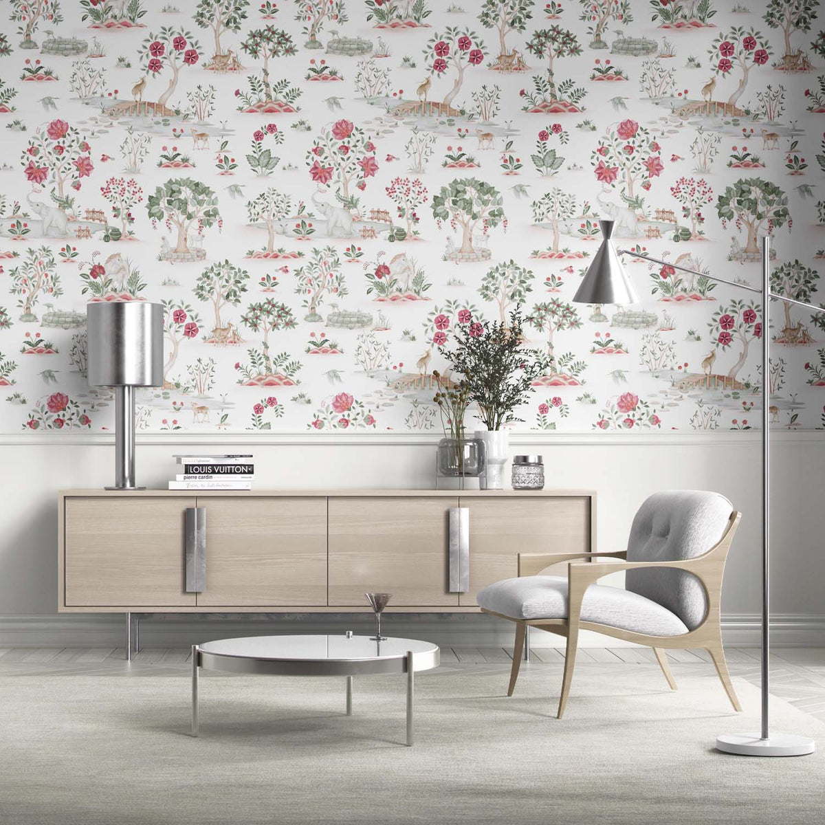 Modern Floral Botanical/ Nature Print Kitchen Wallpaper (White/ Pink/ Red/ Green/ Gray)