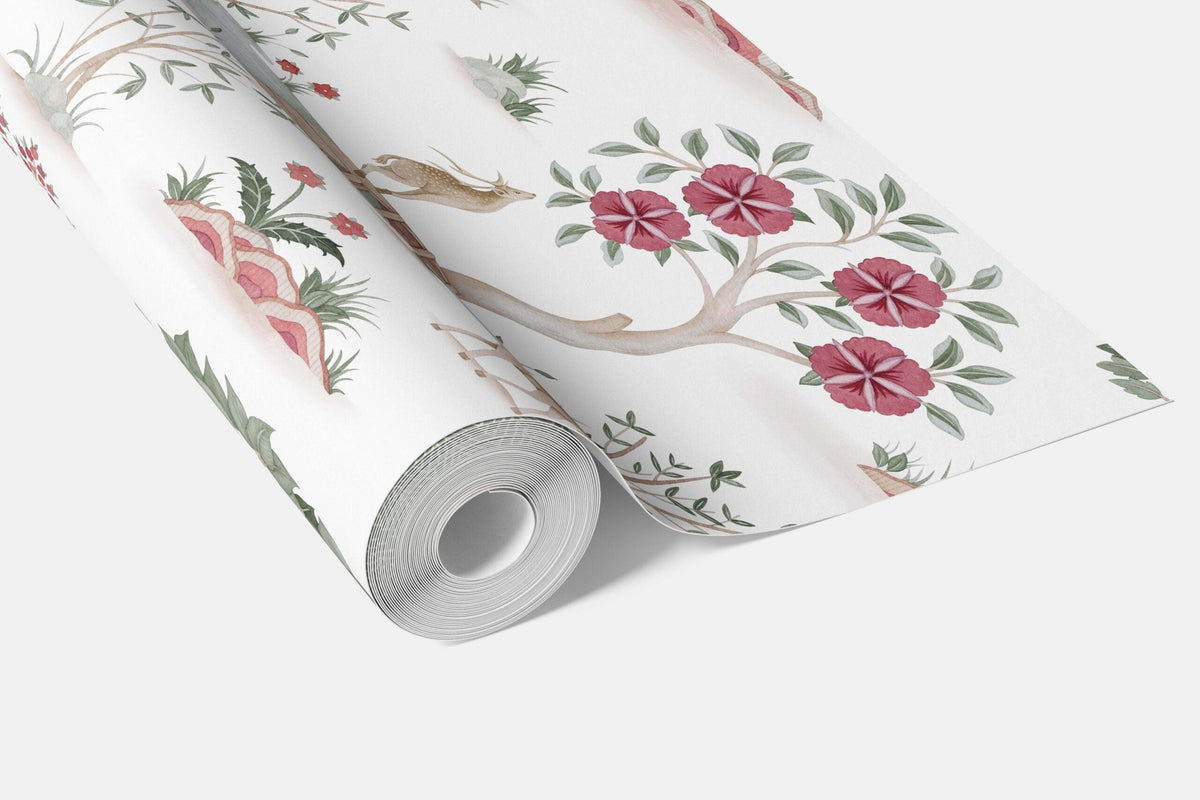 Modern Floral Botanical/ Nature Print Bathroom Wallpaper (White/ Pink/ Red/ Green/ Gray)