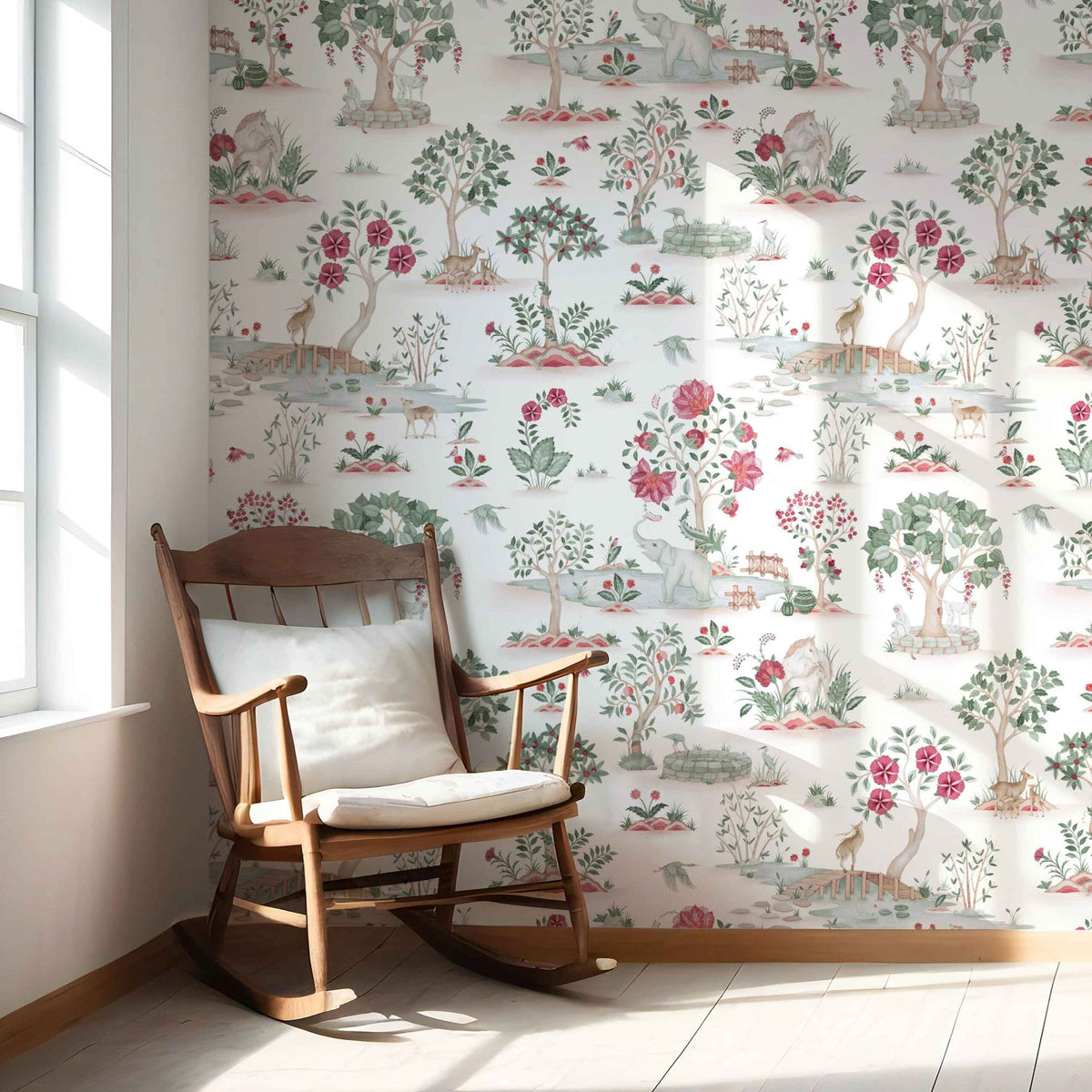 Modern Floral Botanical/ Nature Print Nursery Wallpaper (White/ Pink/ Red/ Green/ Gray)