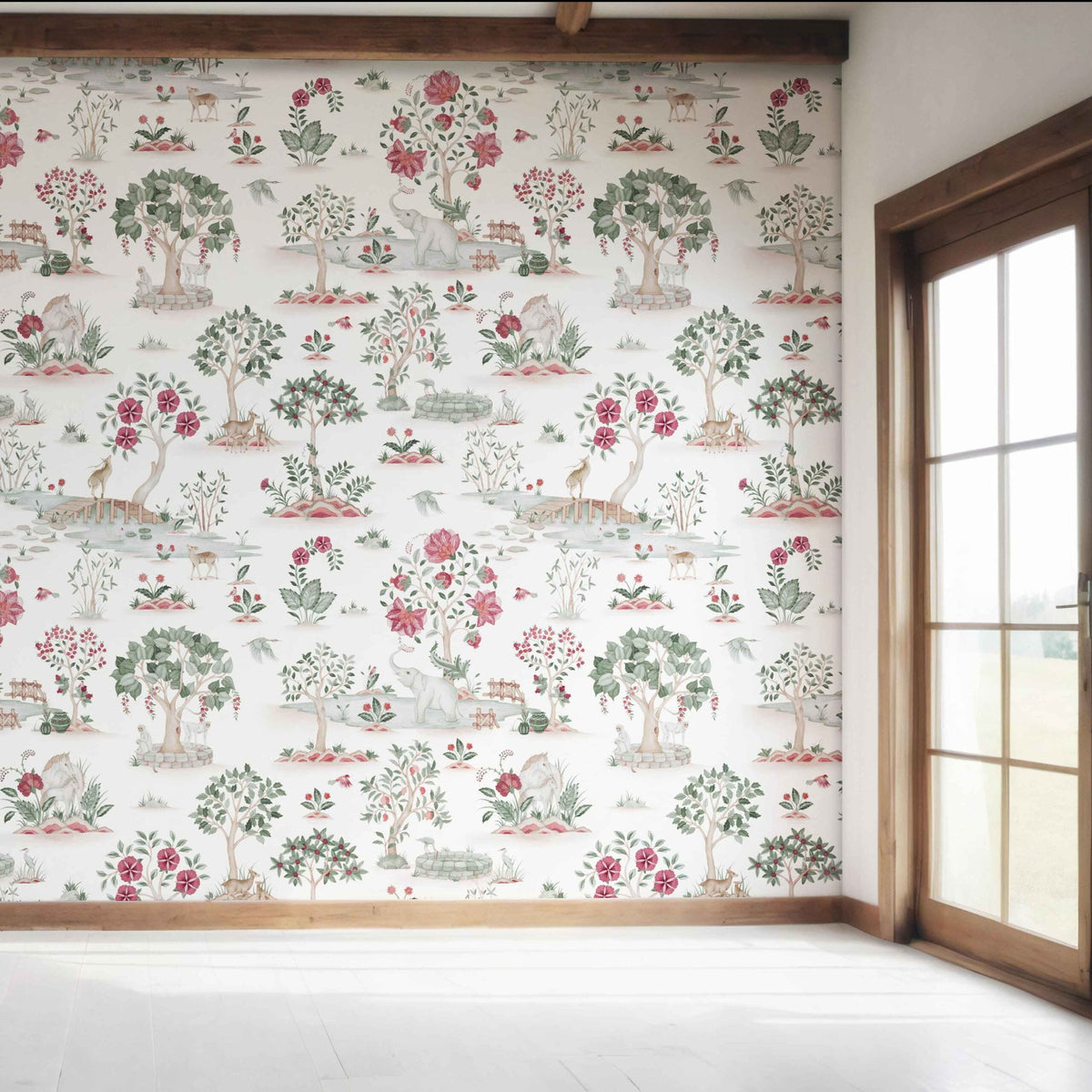 Modern Floral Botanical/ Nature Print Bedroom Wallpaper (White/ Pink/ Red/ Green/ Gray)