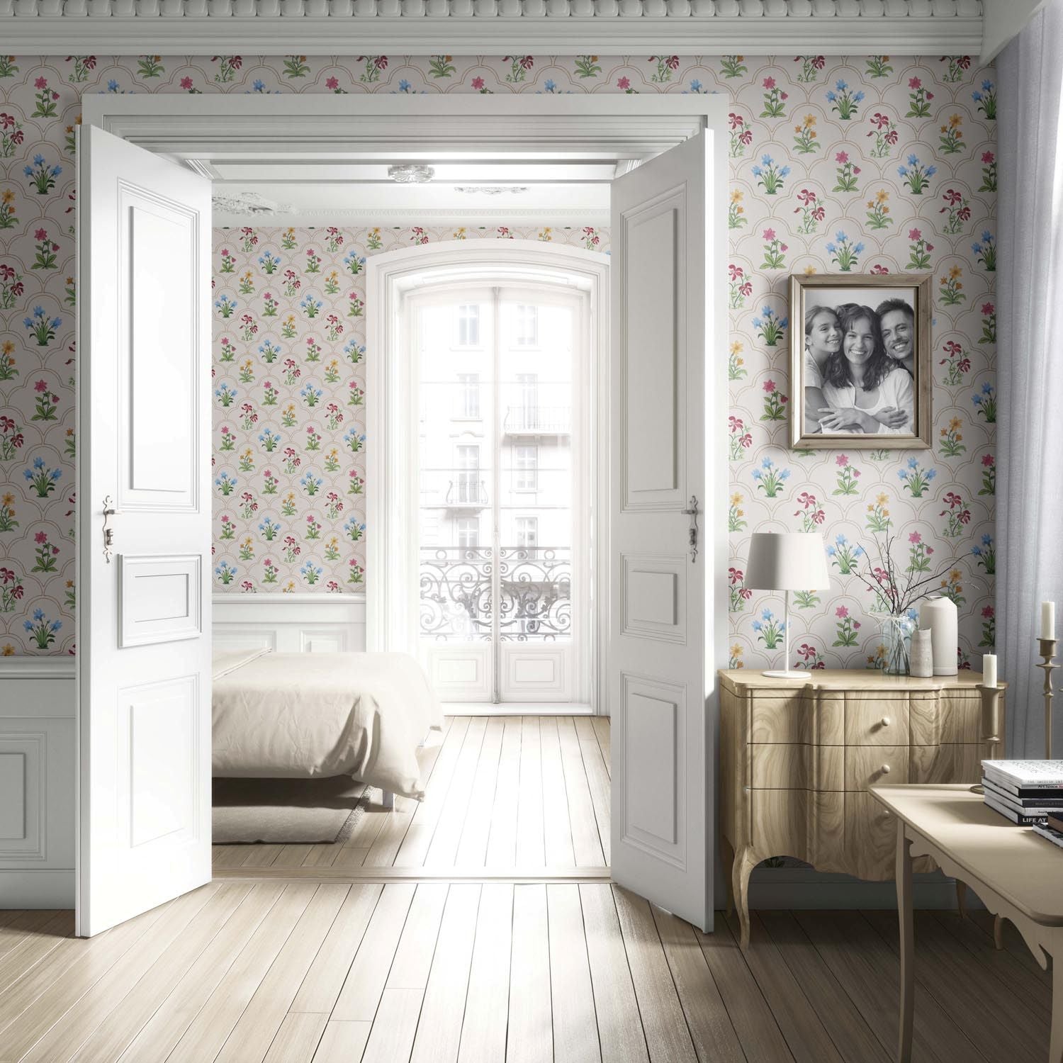 Vintage-Inspired Floral Block Print Living Room Wallpaper (White/ Beige/ Pink/ Green/ Red/ Yellow/ Blue)