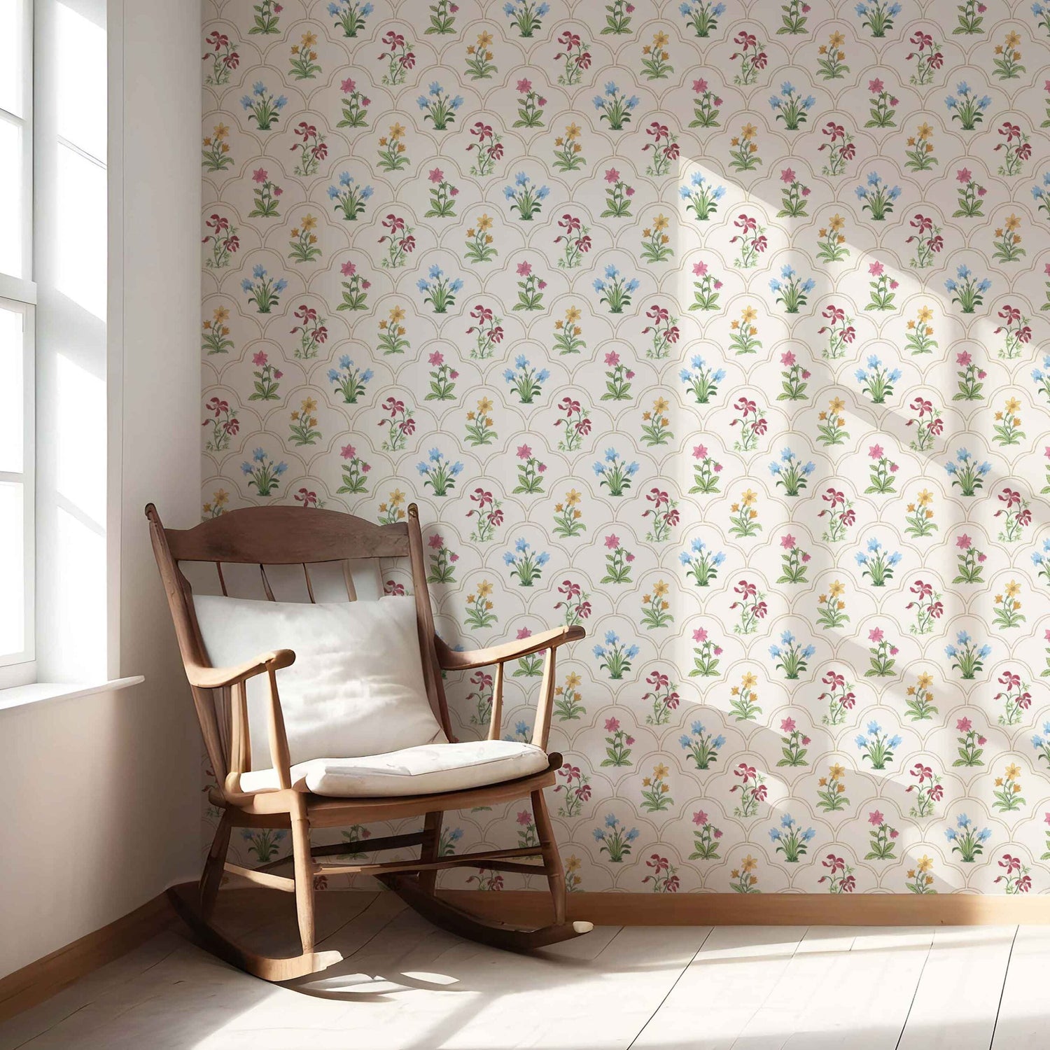 Vintage-Inspired Floral Block Print Nursery Wallpaper (White/ Beige/ Pink/ Green/ Red/ Yellow/ Blue)