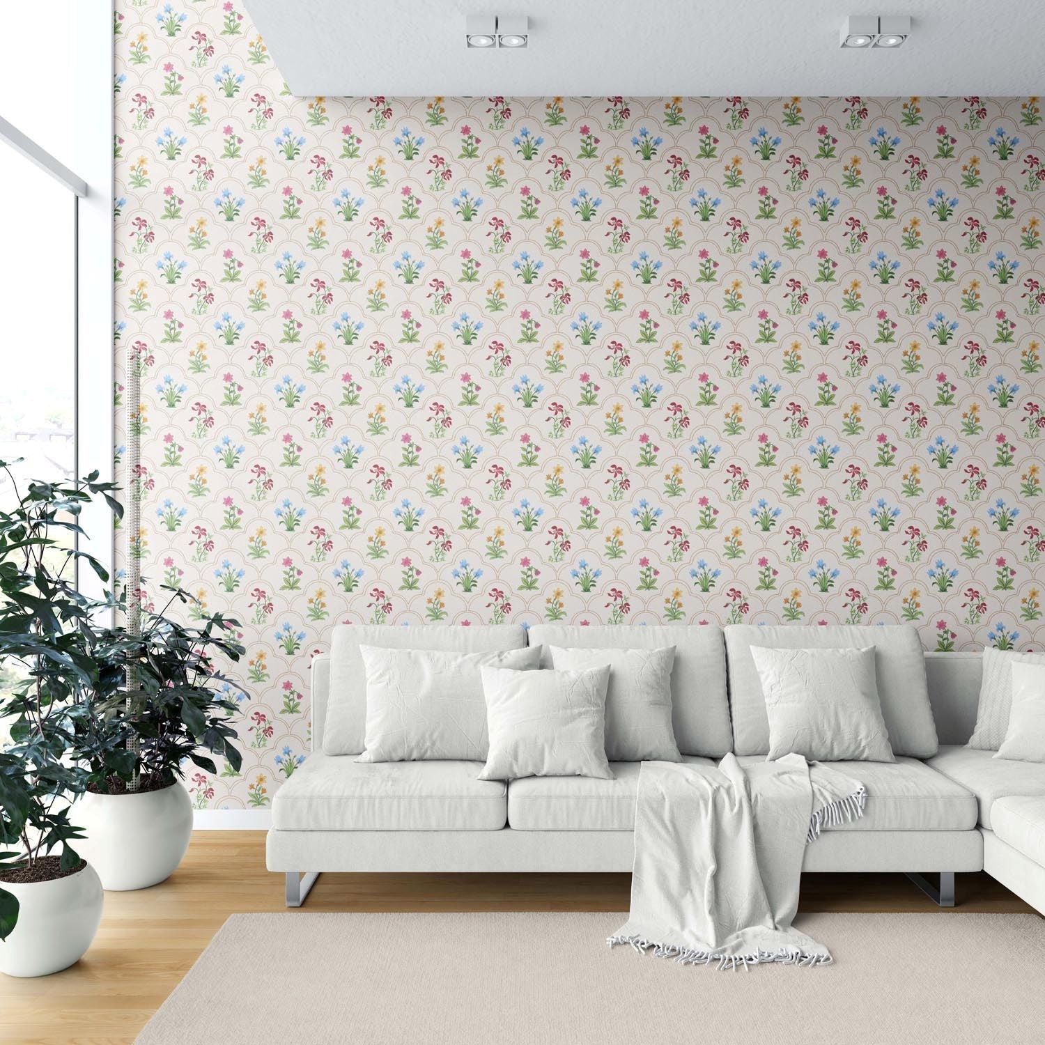 Vintage-Inspired Floral Block Print Shower Toilet Wallpaper (White/ Beige/ Pink/ Green/ Red/ Yellow/ Blue)