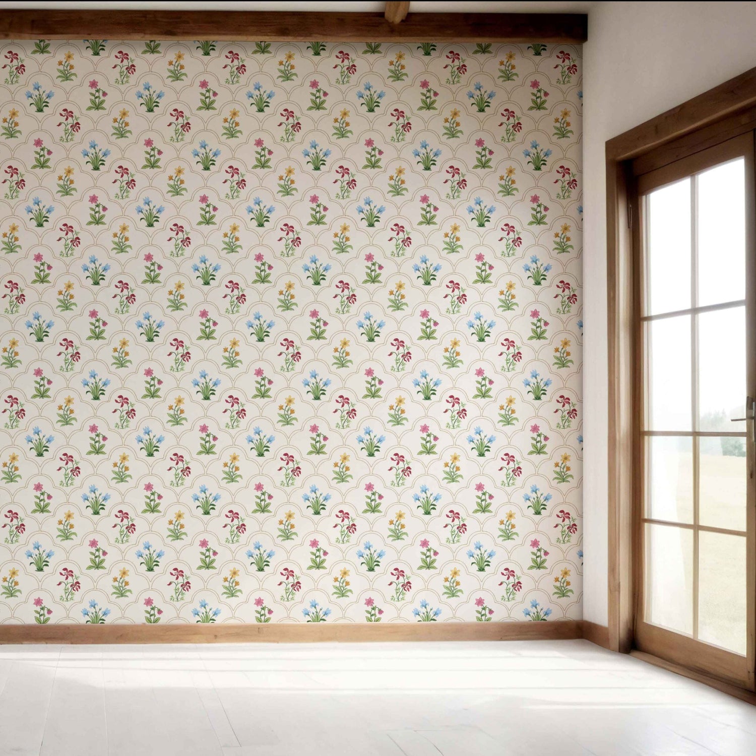 Vintage-Inspired Floral Block Print Bedroom Wallpaper (White/ Beige/ Pink/ Green/ Red/ Yellow/ Blue)