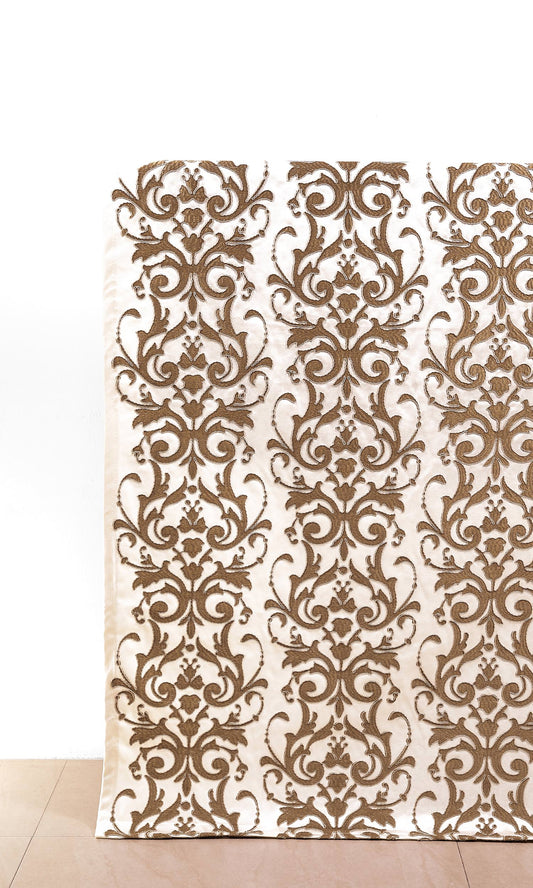 Damask Home Décor Fabric By the Metre (White/ Brown)