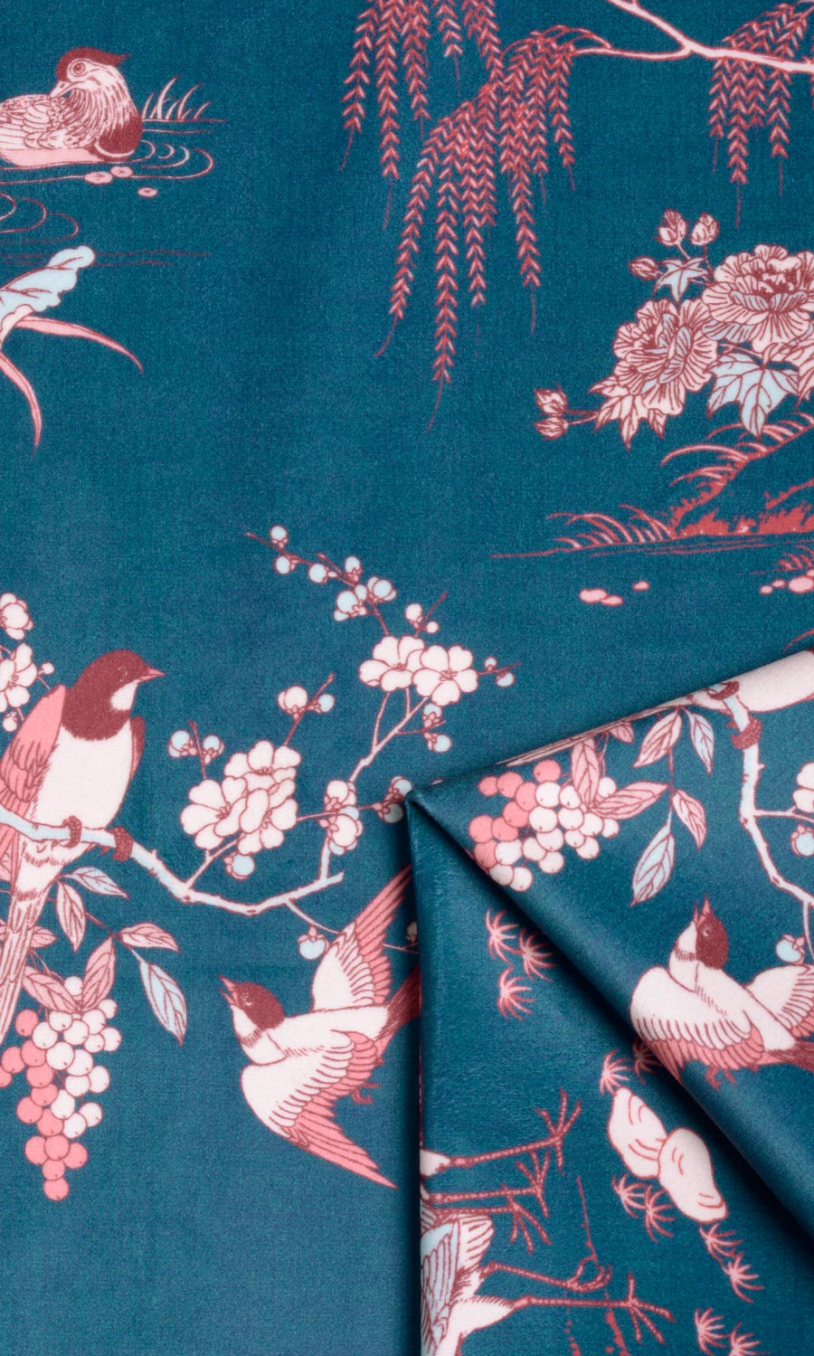 Chinoiserie Toile Velvet Fabric Material By the Metre (Blue/ Pink)
