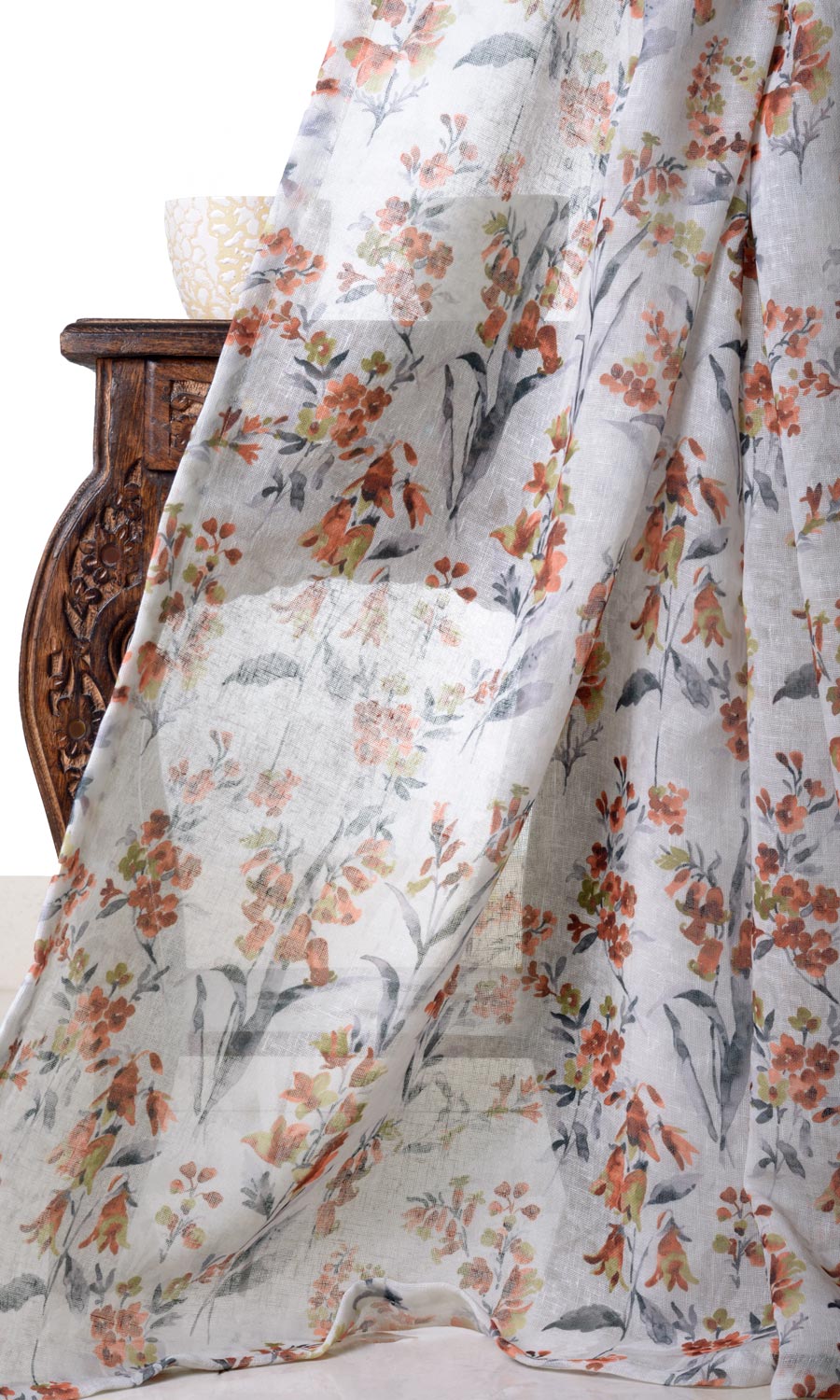 Floral Print Sheer Shades (White/ Orange) for Living, Bedroom, Kitchen, Bathroom