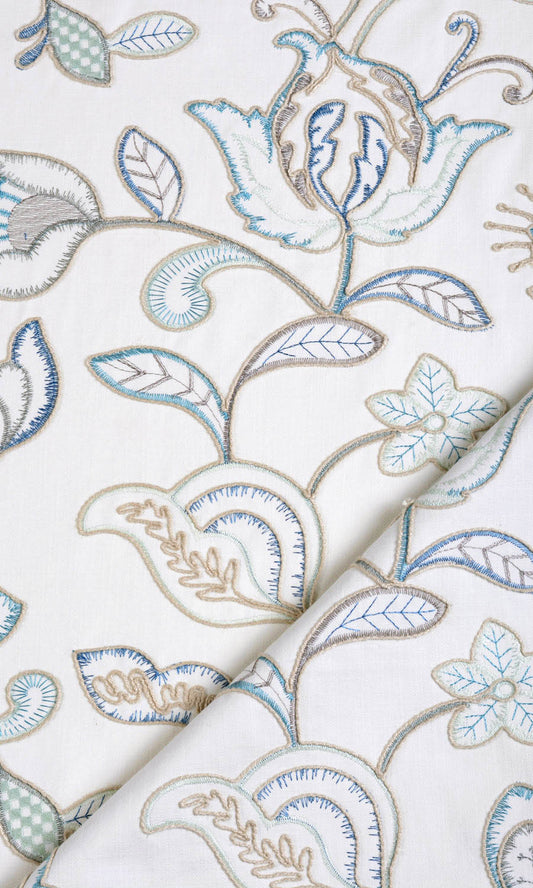 Floral Embroidery Home Décor Fabric By the Metre (Blue/ White)