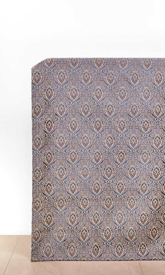 Damask Velvet Home Décor Fabric By the Metre (Beige/ Blue)