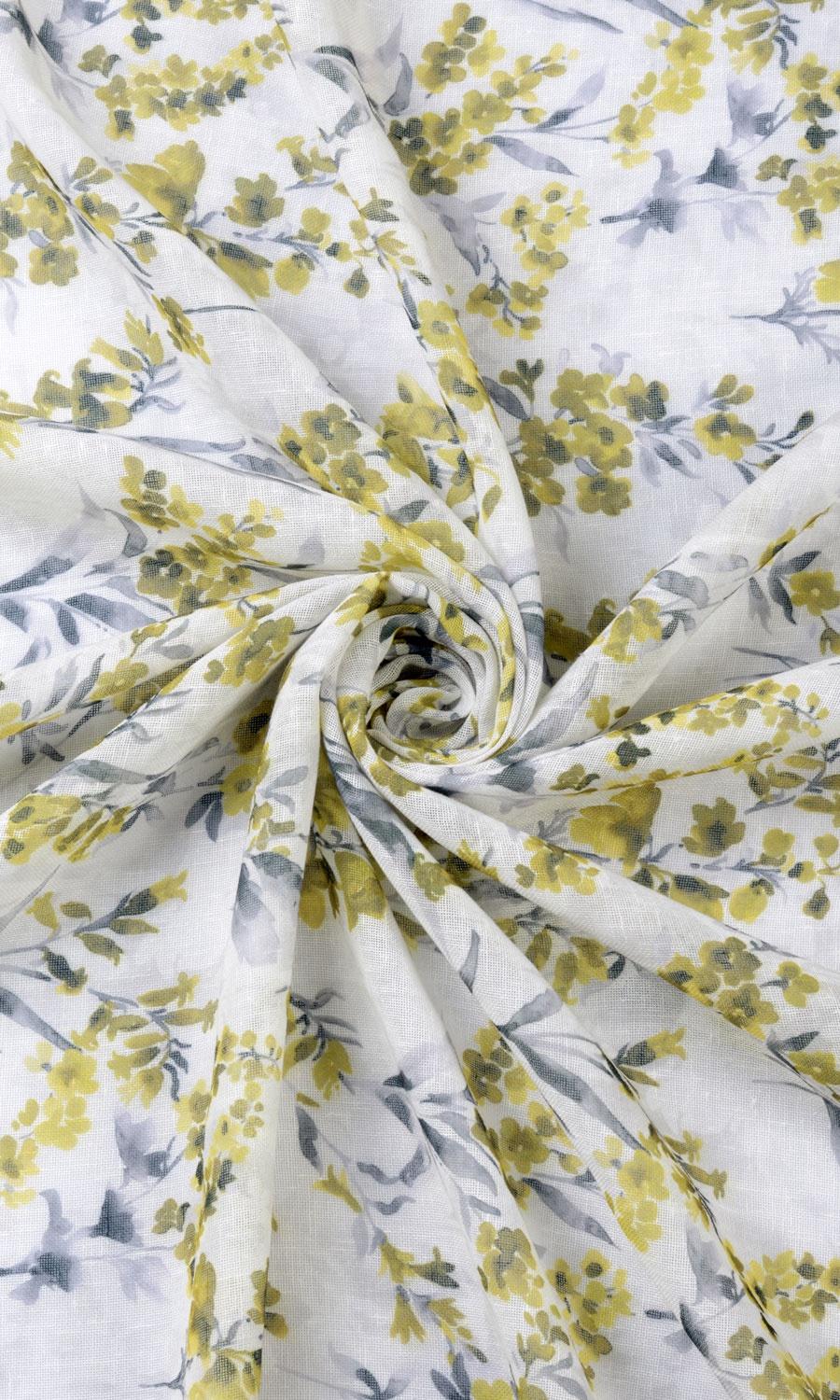 Sheer Floral Print Fabric Material By the Metre (Yellow/ Gray)
