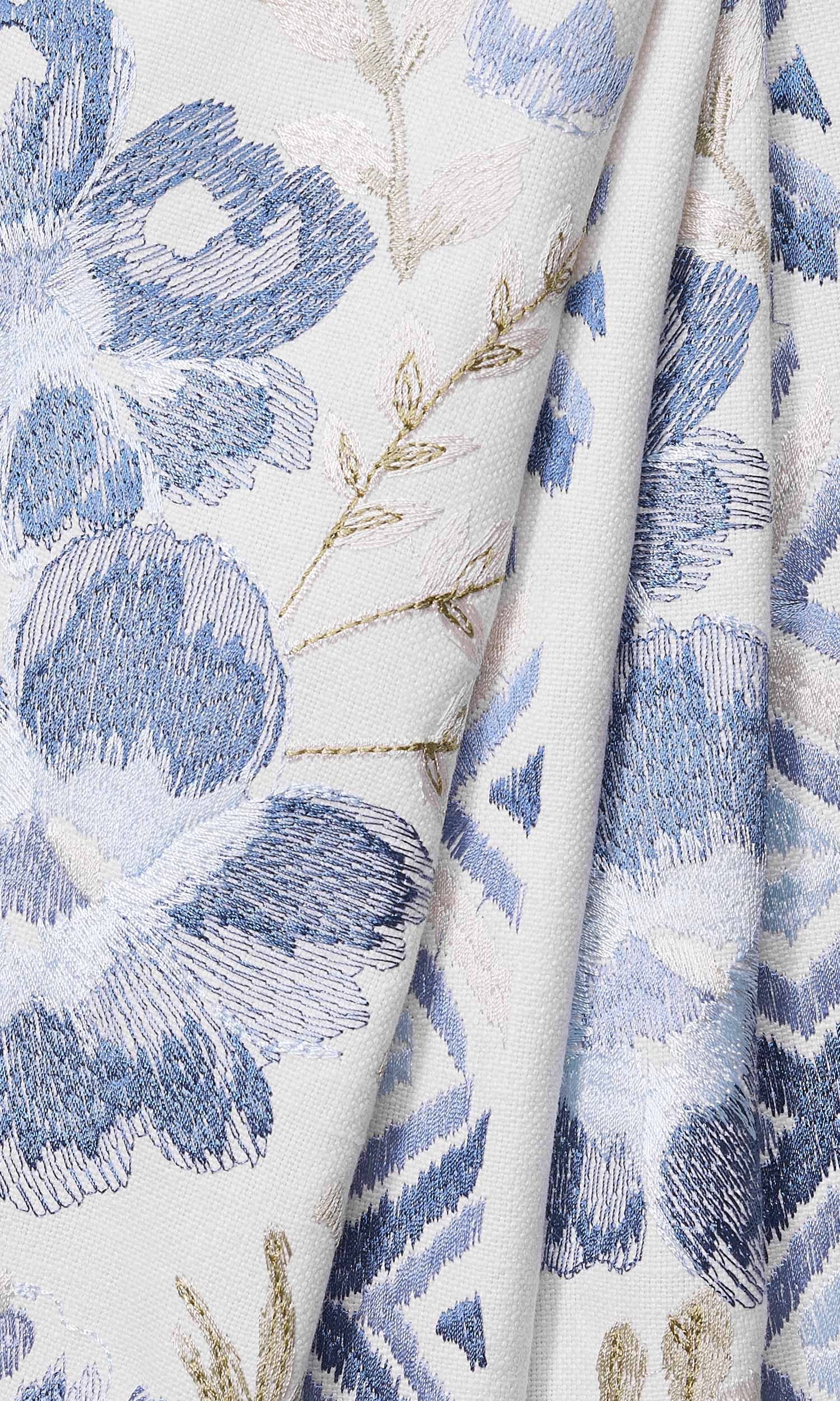 Floral Poly-Cotton Window Treatments Fabric By the Metre (Blue/ Beige/ White)