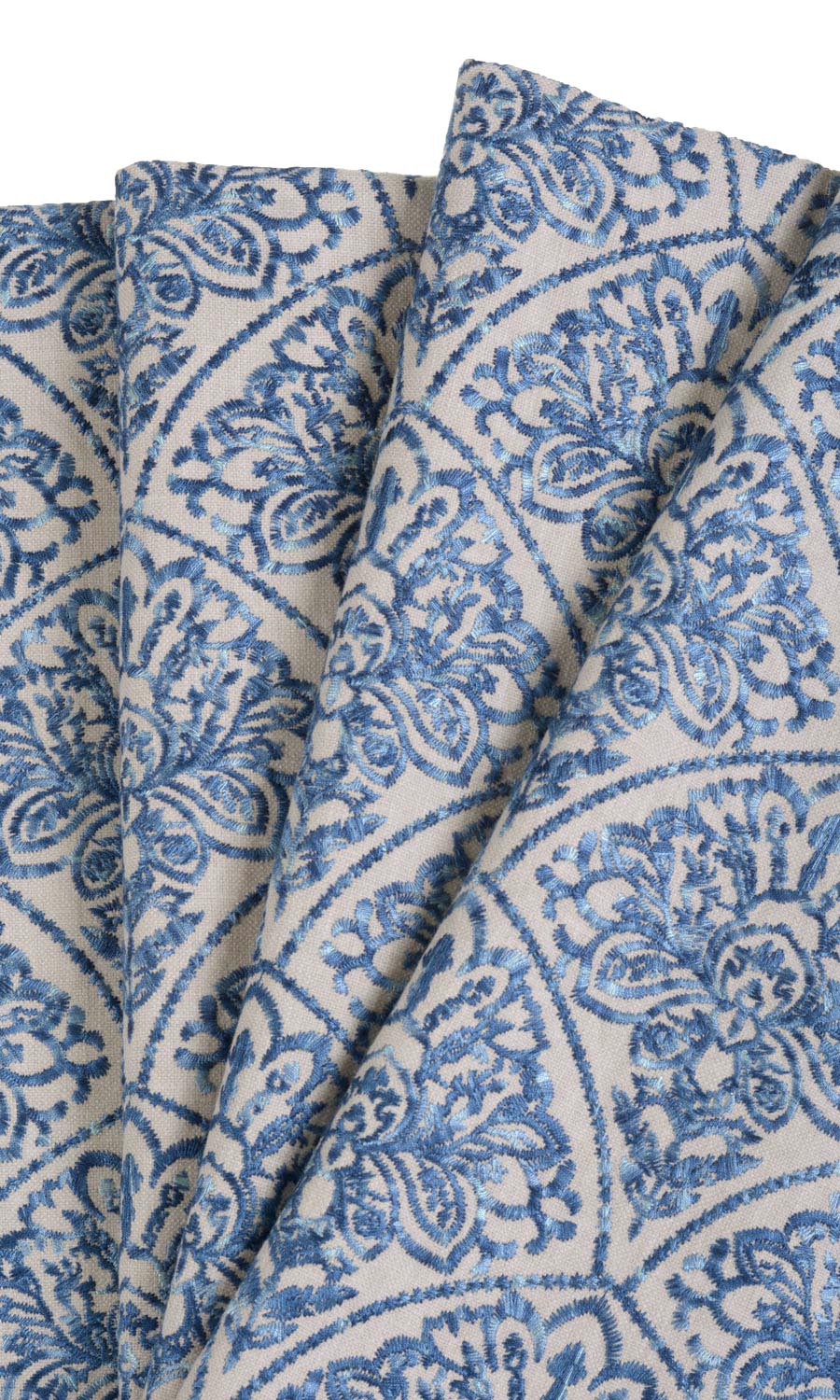 Embroidered Home Textile Fabric Material Sample (Pale Beige/ Ink Blue)