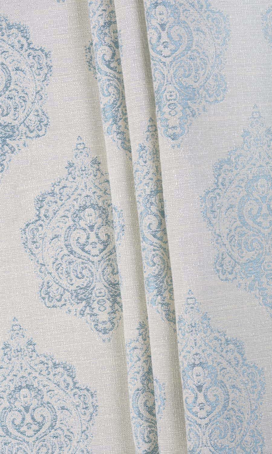 Damask Poly-Cotton Fabric Material By the Metre (White/ Blue)