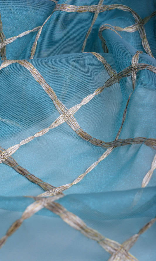 Embroidered Check Sheer Home Décor Fabric By the Metre (Blue and Gold)