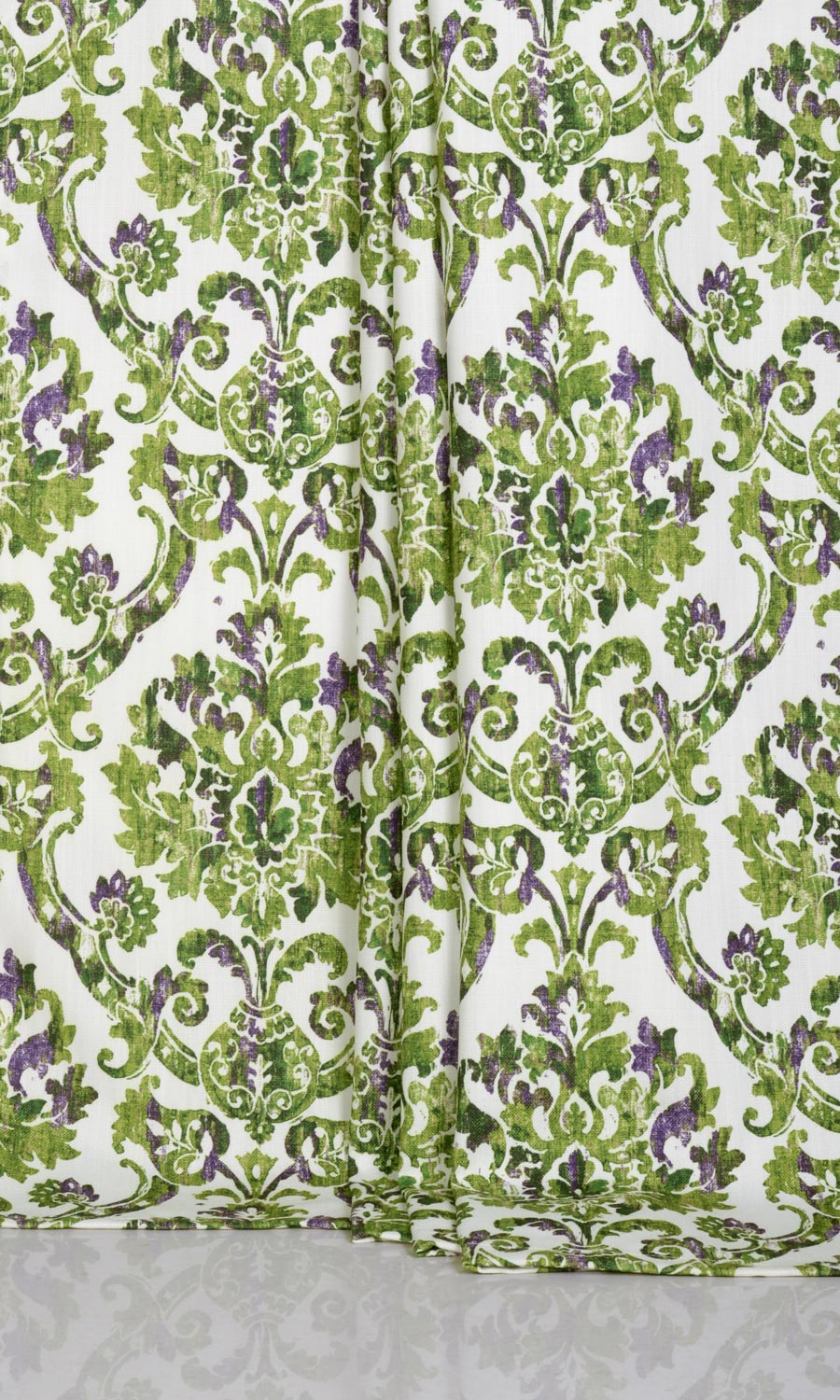 Damask Patterned Window Treatments Fabric Sample (Green/ Purple)