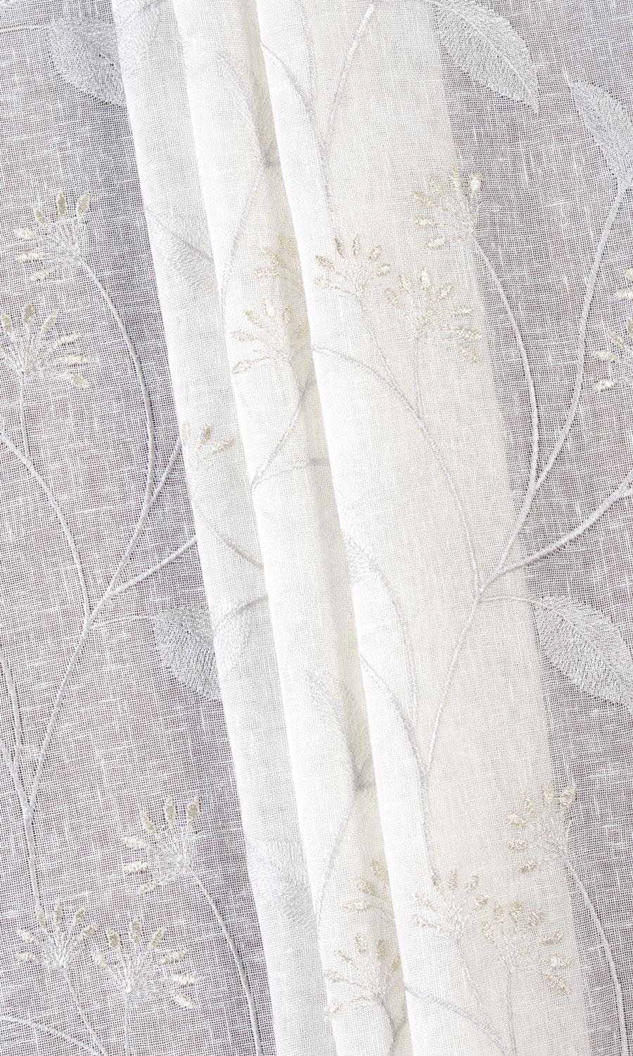 Sheer Floral Embroidered Home Textile Fabric Material Sample (White/ Cream)