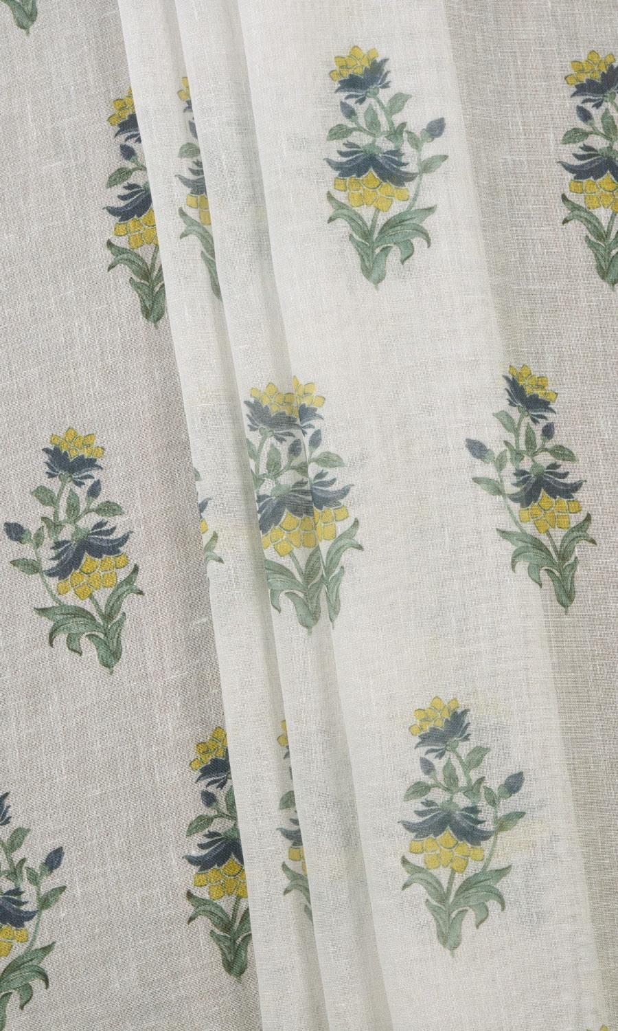 Sheer Floral Window Treatments Fabric By the Metre (White/ Green/ Yellow)