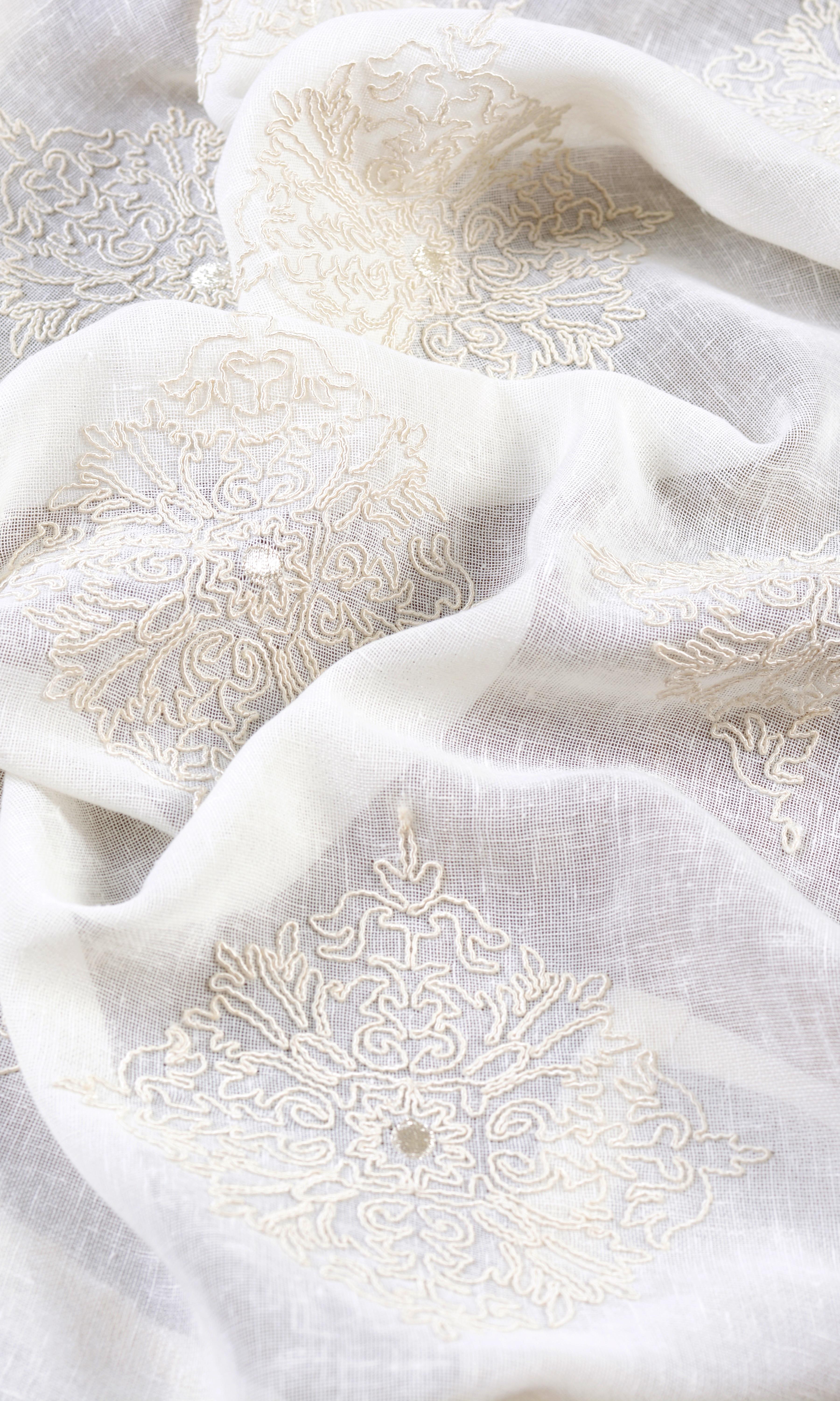 Sheer Floral Embroidered Home Textile Fabric Material By the Metre (White/ Cream)