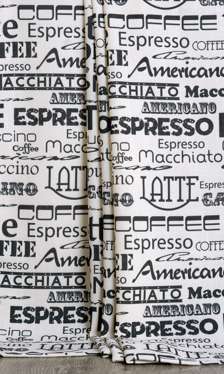 Coffee Theme Printed Window Treatments Fabric Sample (White/ Black)
