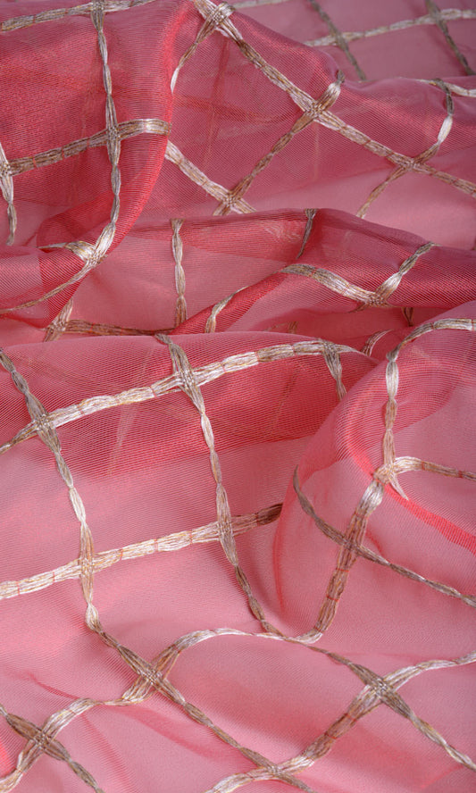 Checked Sheer Home Décor Fabric By the Metre (Coral Red/ Pink/ Gold)