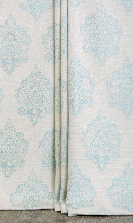 Damask Poly-Cotton Home Décor Fabric By the Metre (White/ Blue)