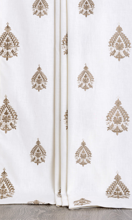 Damask Embroidery Home Décor Fabric By the Metre (Off White/ Coffee Brown)