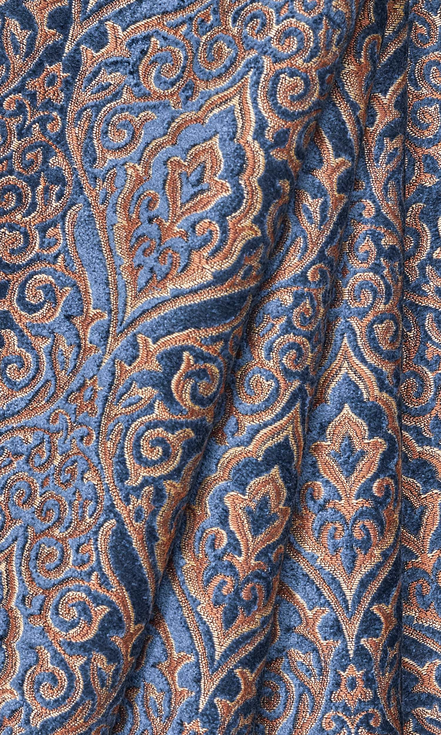 Damask Velvet Window Treatments Fabric By the Metre (Beige/ Blue)