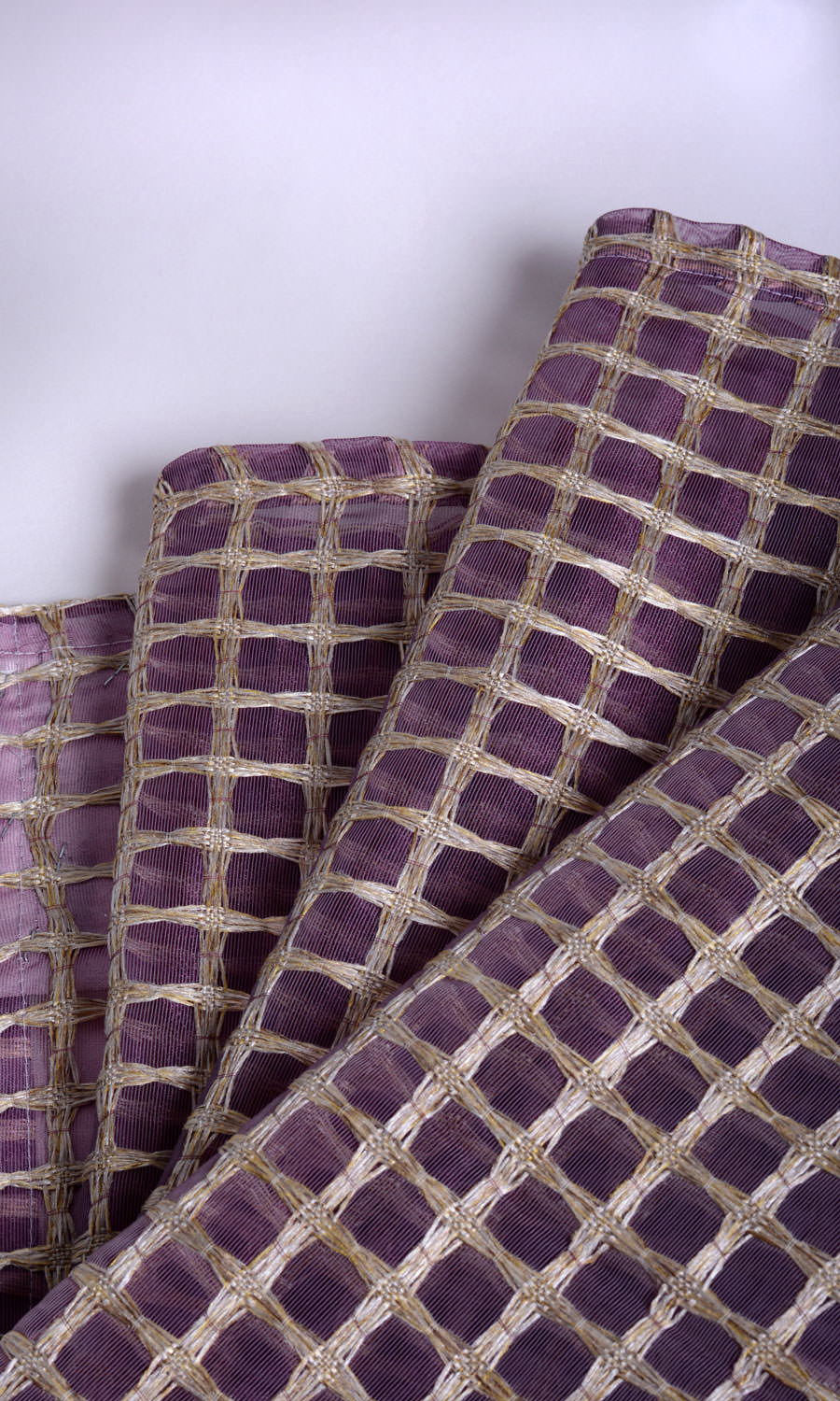 Embroidered Check Sheer Fabric Material By the Metre (Purple and Gold)