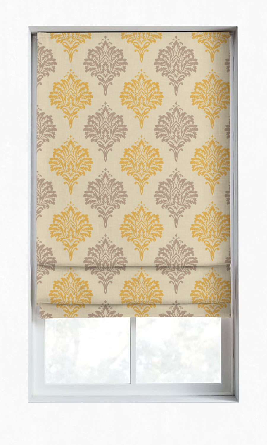 Damask Patterned Dimout Window Treatments Fabric By the Metre (Yellow/ Grey)