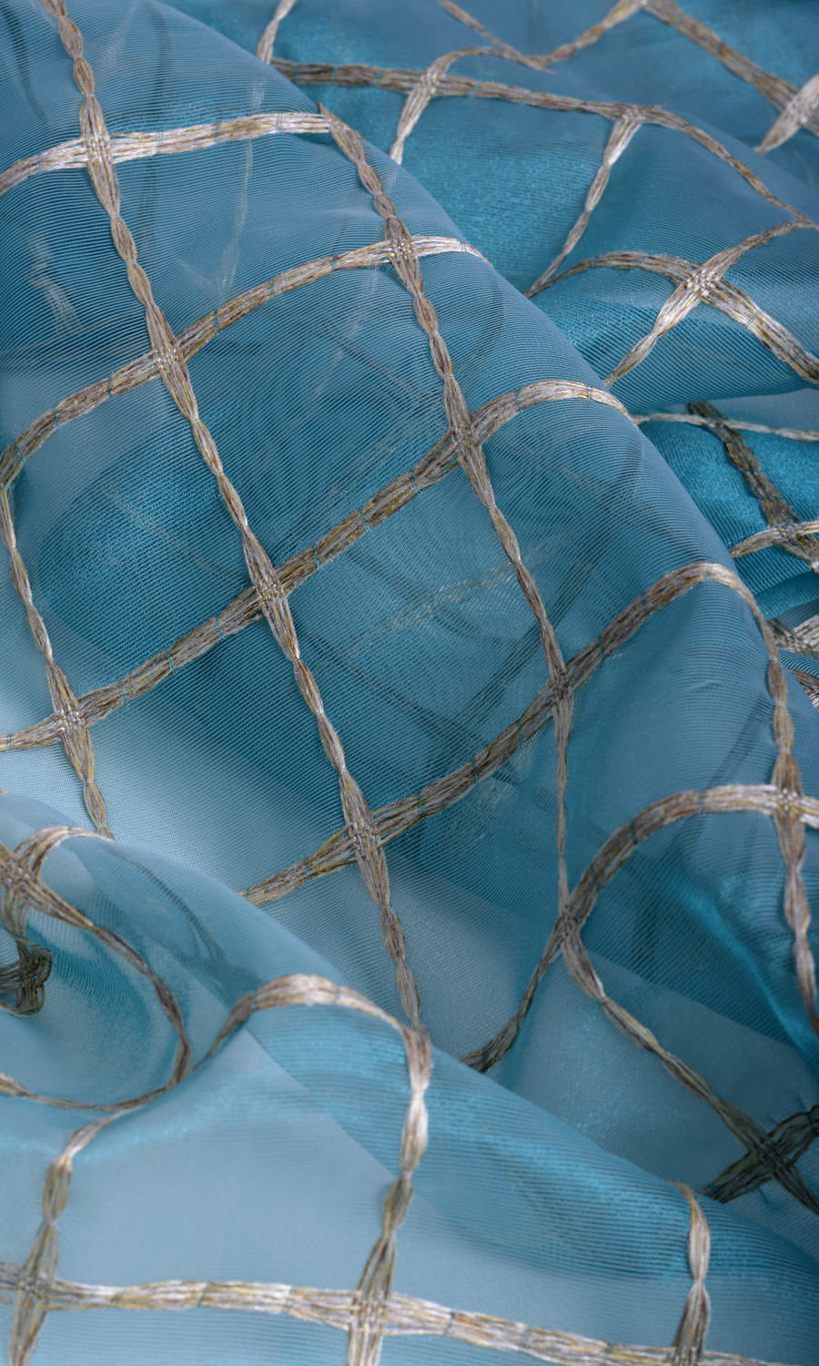 Embroidered Check Sheer Home Textile Fabric Material Sample (Blue and Gold)