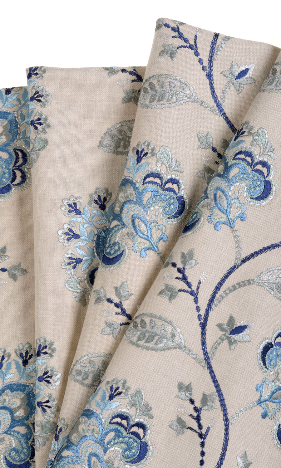Floral Embroidered Cotton Home Textile Fabric Material By the Metre (Beige/ Blue)