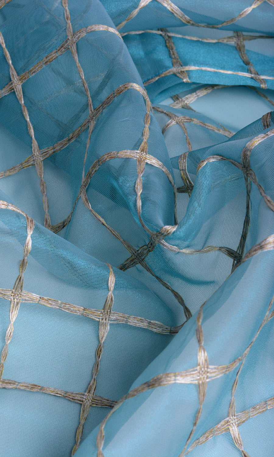 Embroidered Check Sheer Free Fabric Material Sample (Blue and Gold)