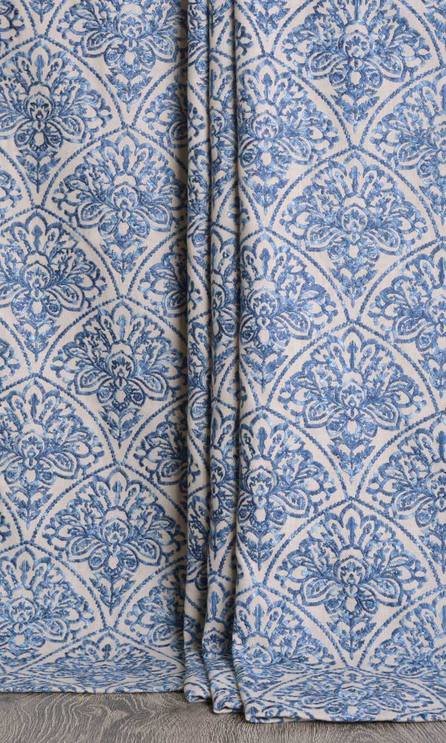 Embroidered Roman Blinds (Pale Beige/ Ink Blue) for Living, Bedroom, Kitchen, Bathroom