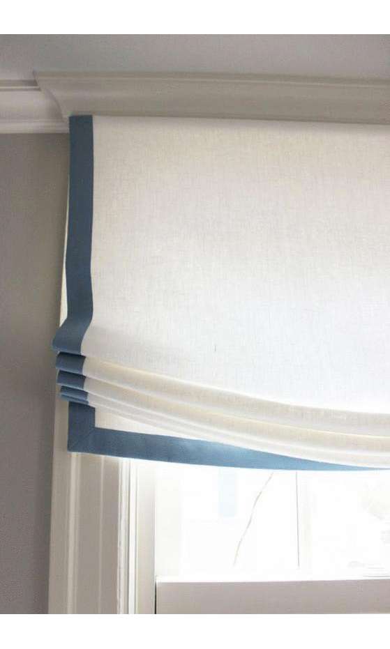 Roman shades with ribbon tape trim border